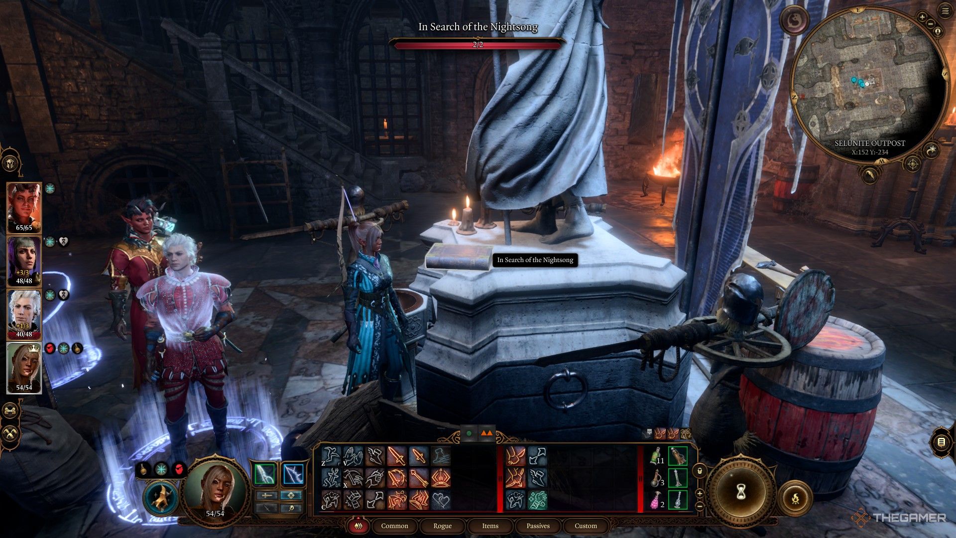 Tav en la base de una estatua que se cierne sobre un libro en Baldur's Gate 3.