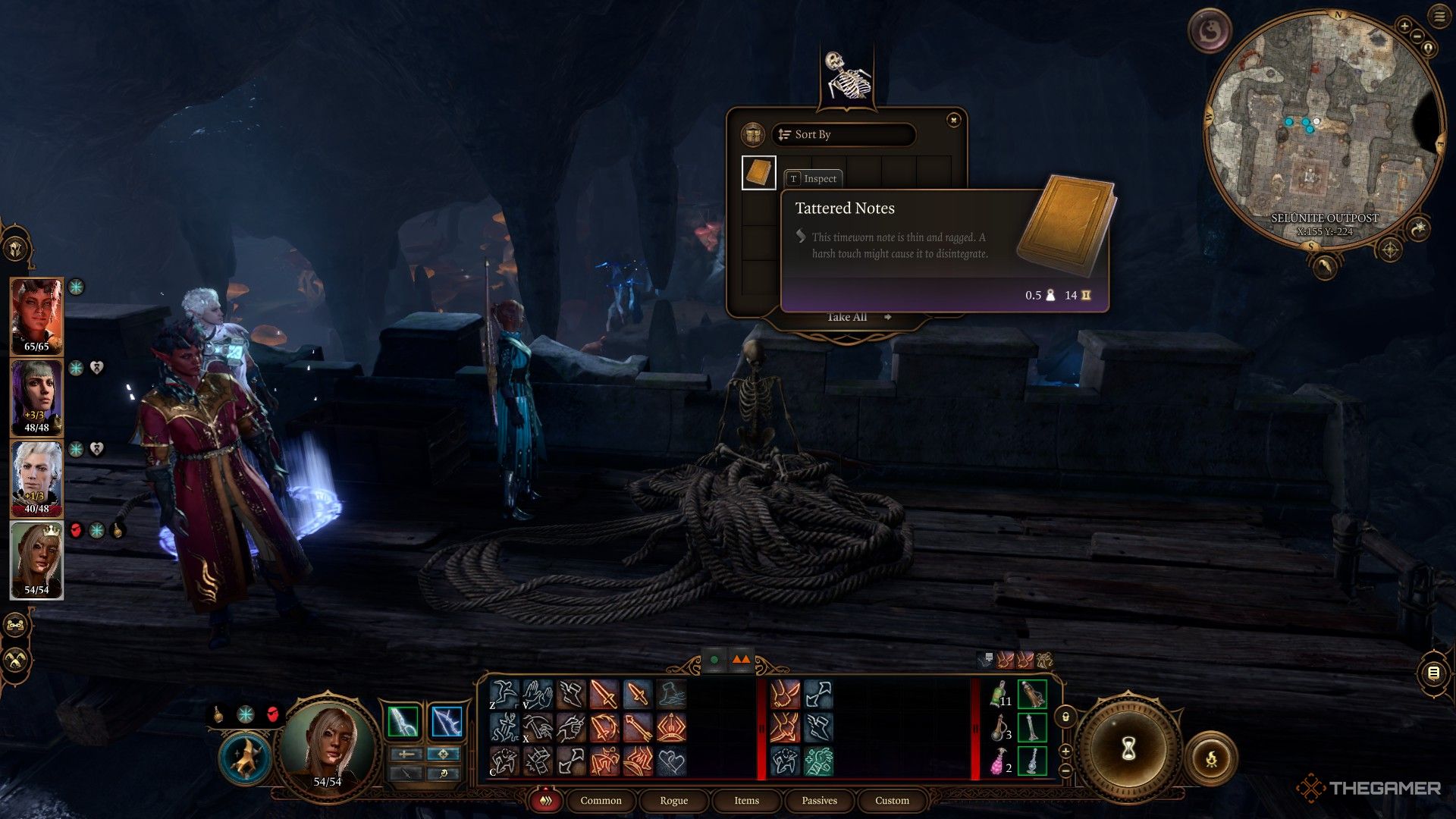 Tav parado cerca de un esqueleto en un andamio de madera en una caverna en Baldur's Gate 3.