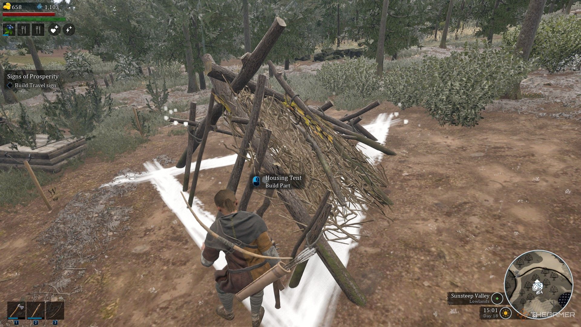 Un jugador construye una tienda de campaña en Bellwright.