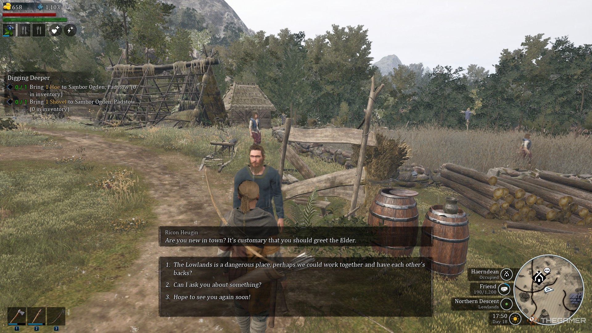 un jugador habla con un NPC en Haerdean en Bellwright