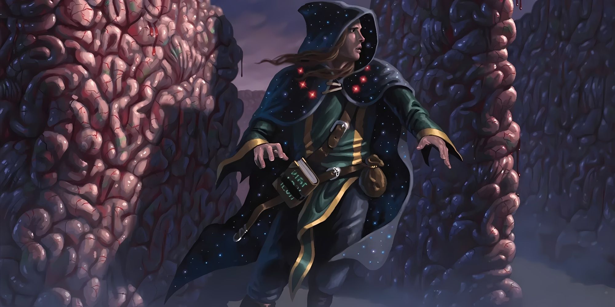 DND Aventurero con una capa corriendo por un laberinto de materia cerebral