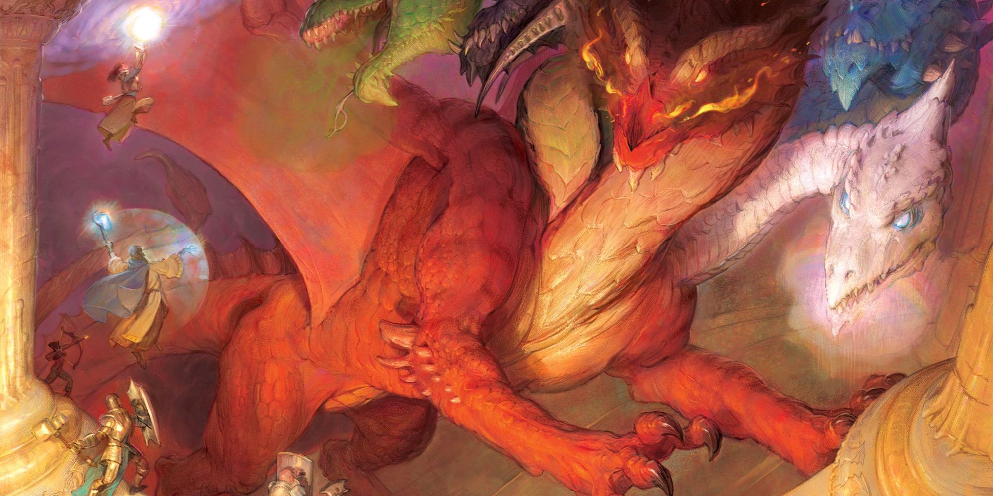 Templo de la Reina Dragón (Variante) de Adam Rex tiamat mirando a unos aventureros muy pequeños que se enfrentan a ella