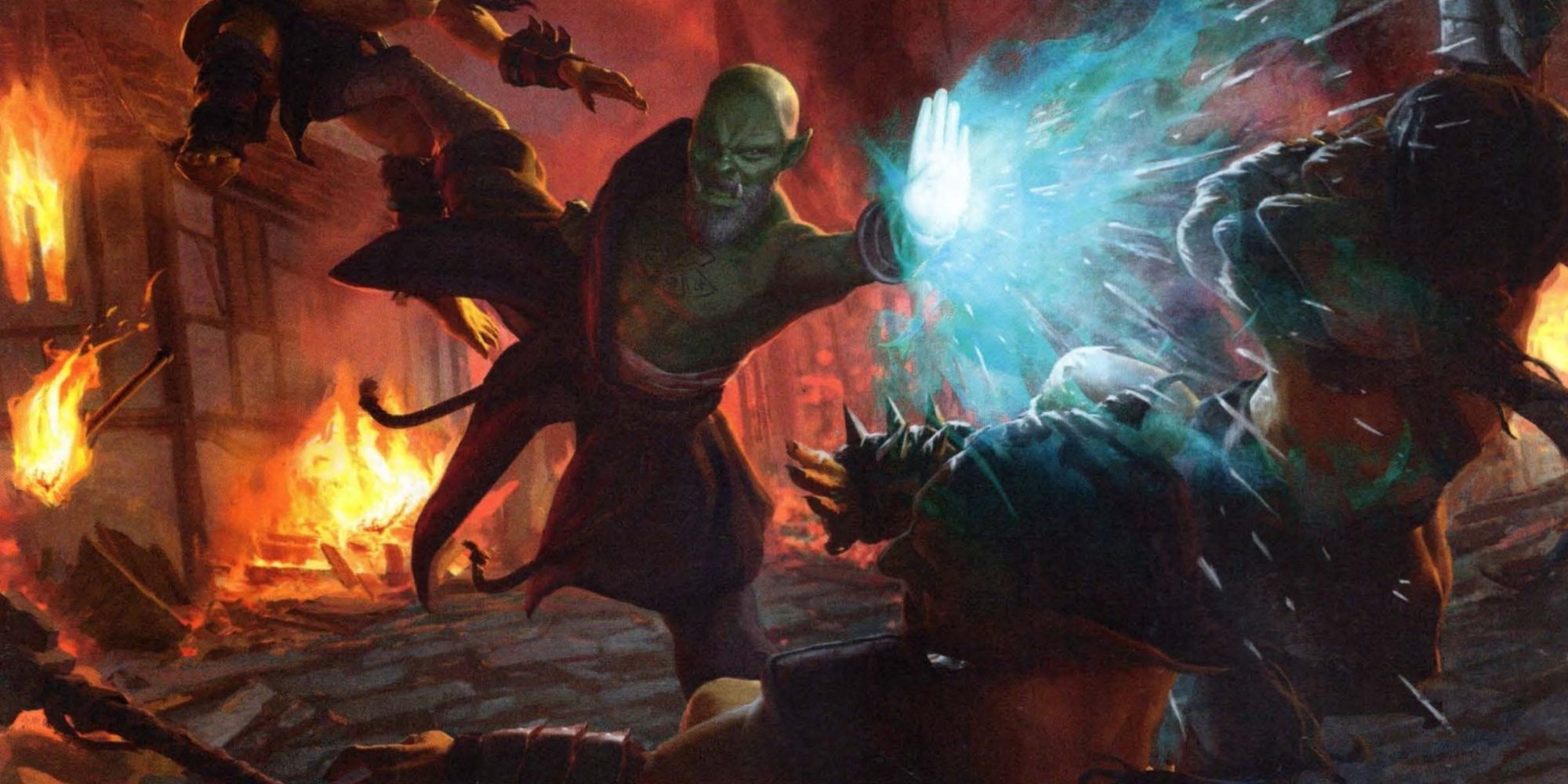 Desde el Caldero de todo de Tasha, un monje orco de los cuatro elementos desata un ataque impulsado por Ki en DND Dungeons and Dragons D&D de Sam Keizer