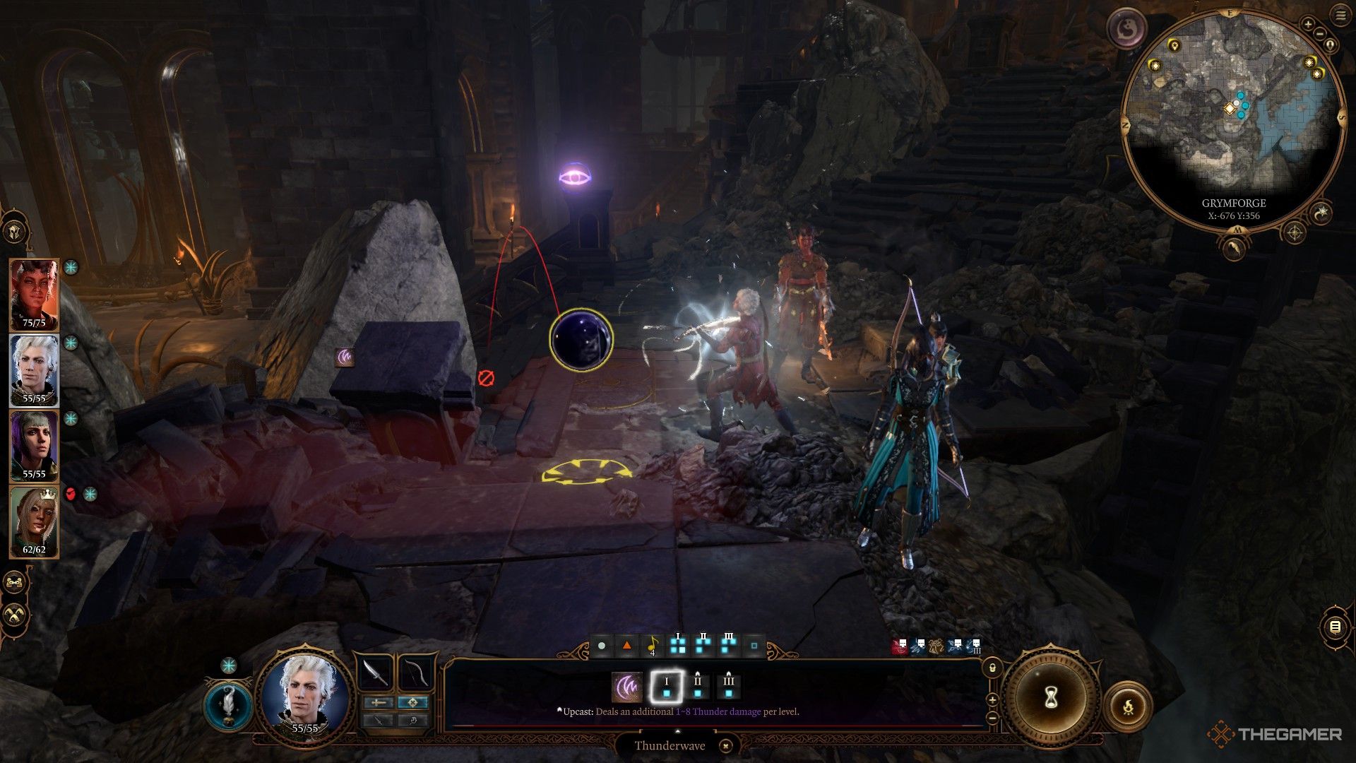 Astarion usa su violín para hechizar un ojo flotante en Baldur's Gate 3.
