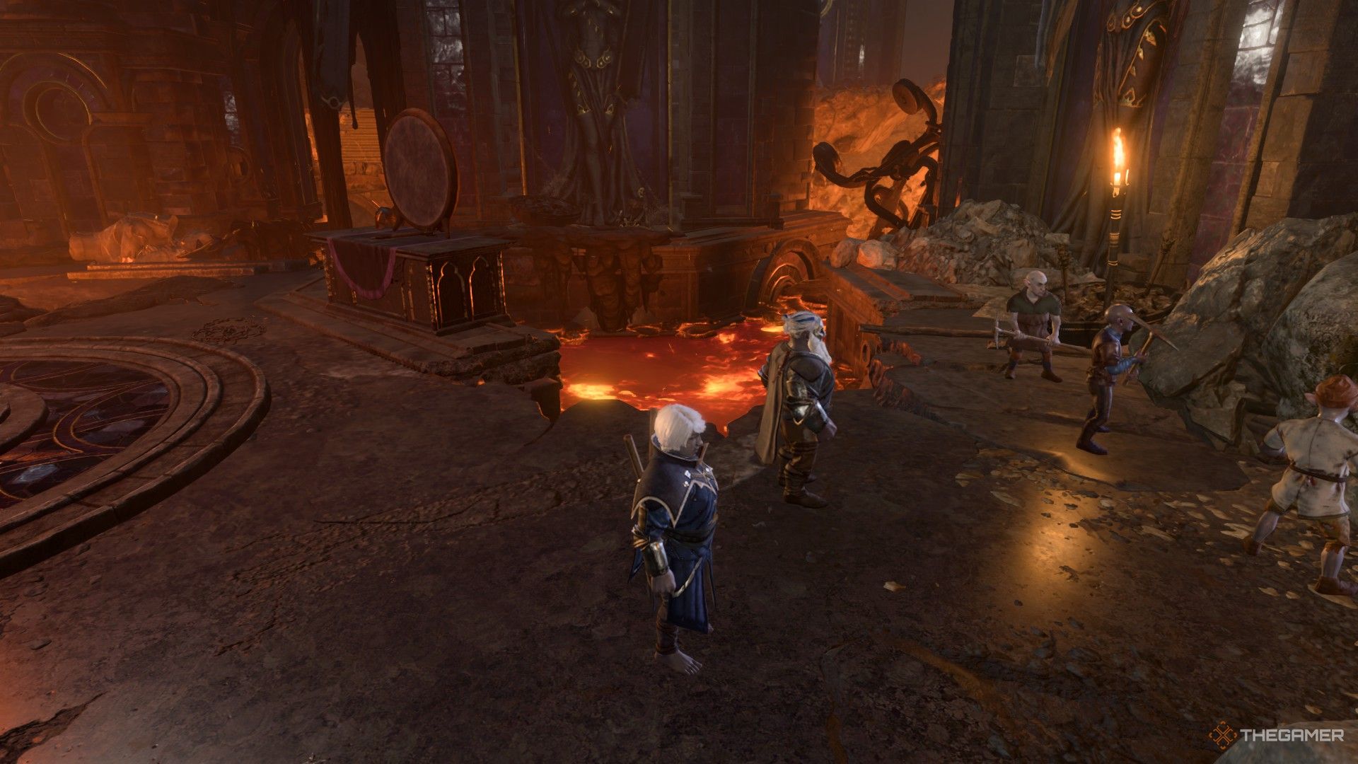 Thrinn y Dunnelon, el duergar, de pie junto a un pozo de lava en Baldur's Gate 3.