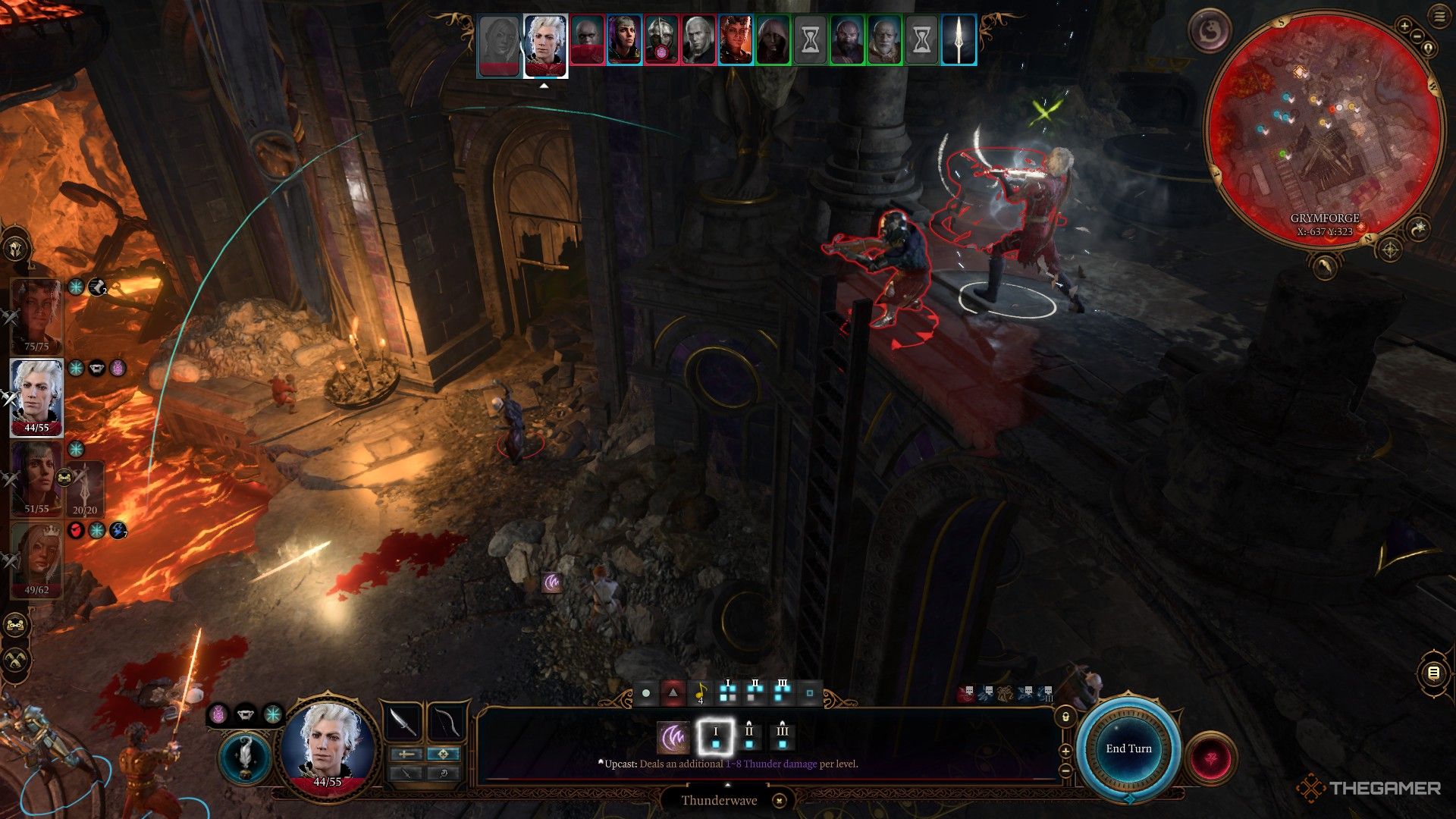 Astarion usa su violín para hechizar al duergar y enviarlo a un pozo de lava en Baldur's Gate 3.