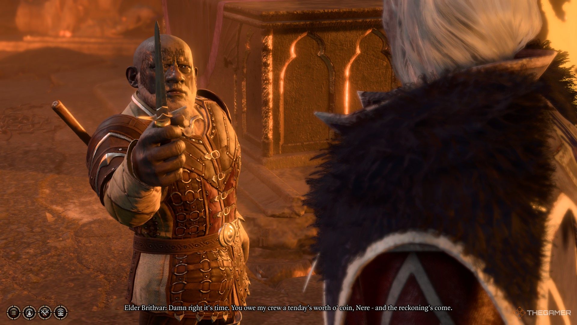 Brithvar, el duergar, apuntando con un cuchillo a Nere en Baldur's Gate 3.