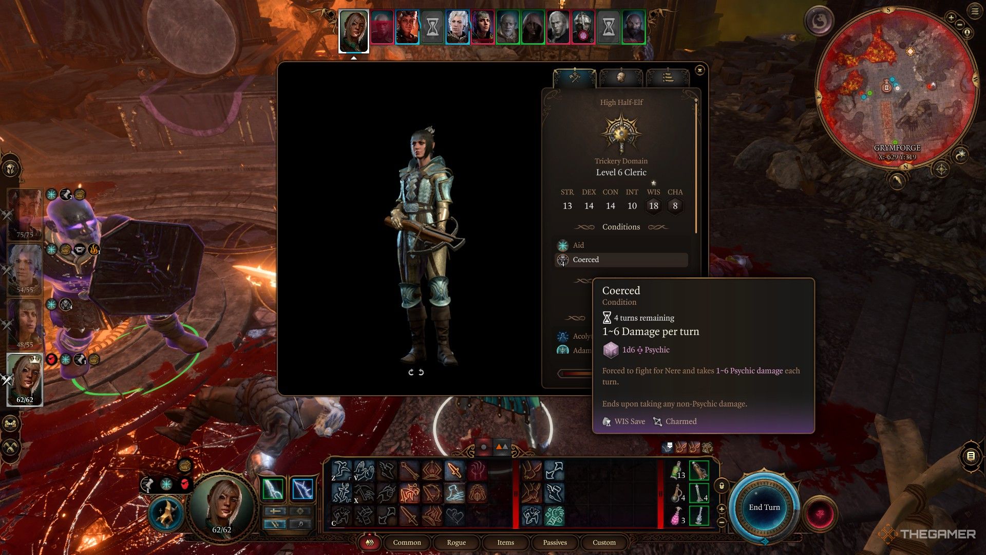 El menú de personajes de Shadowheart se abre para mostrar los efectos de Coerced en Baldur's Gate 3.