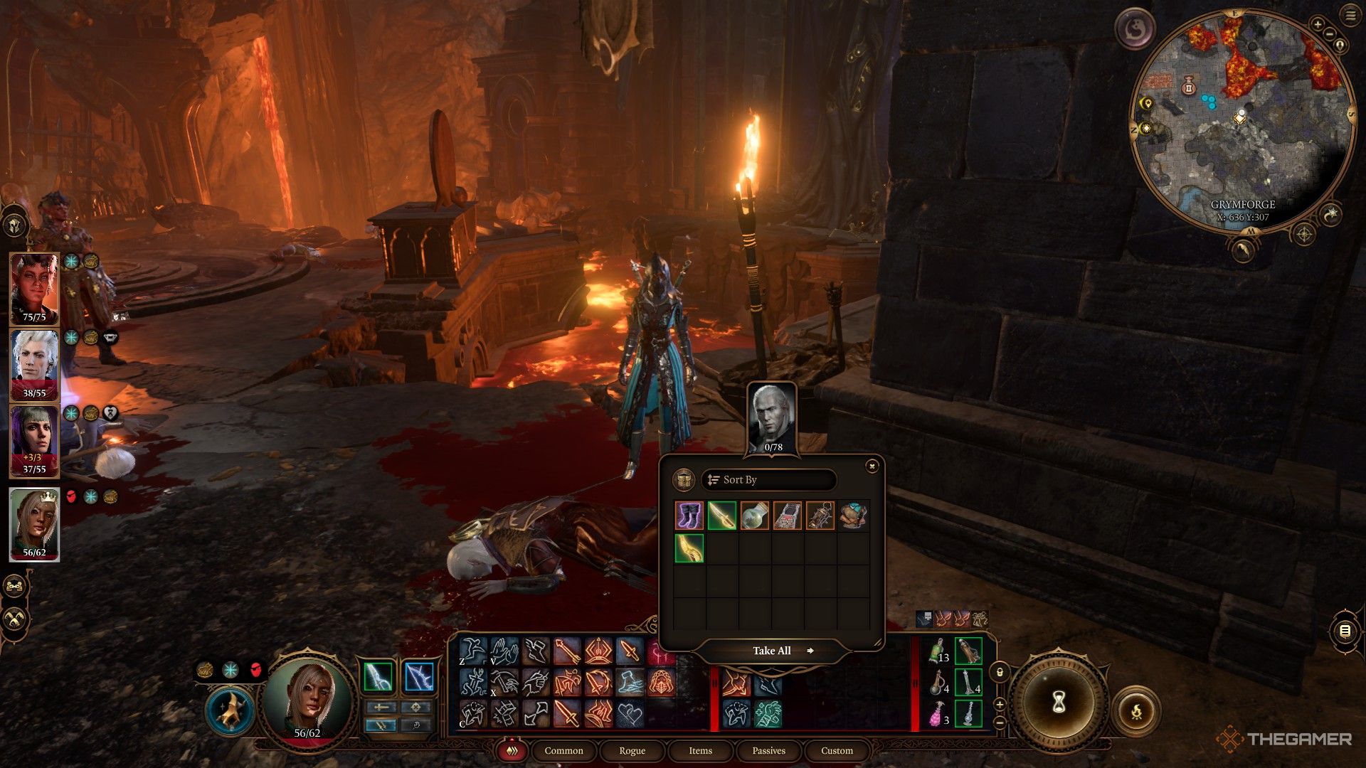 Tav de pie en un charco de sangre junto a una Nere muerta en Baldur's Gate 3.