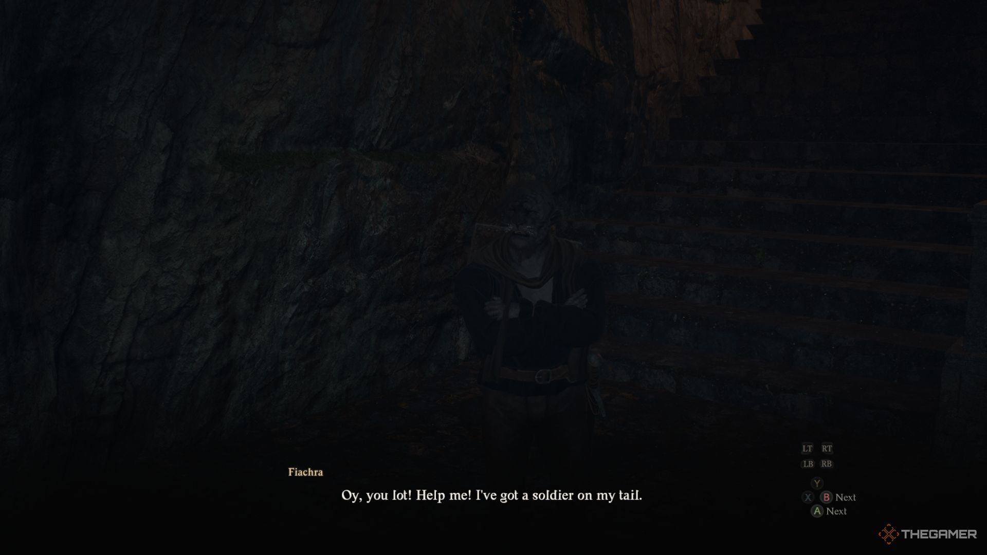 Fiachra pidiendo ayuda en Dragon's Dogma 2