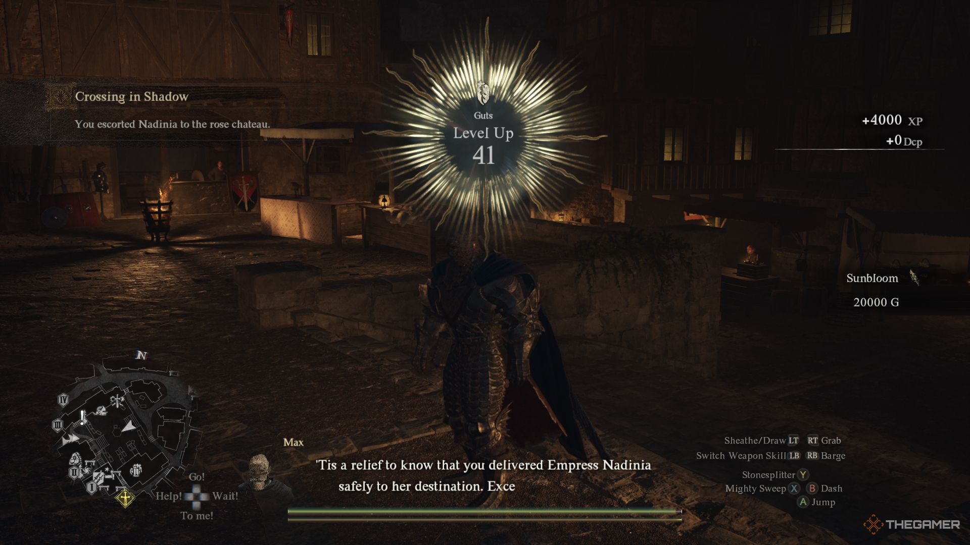 Un personaje que sube de nivel después de recibir recompensas de la misión Crossing in Shadow en Dragon's Dogma 2