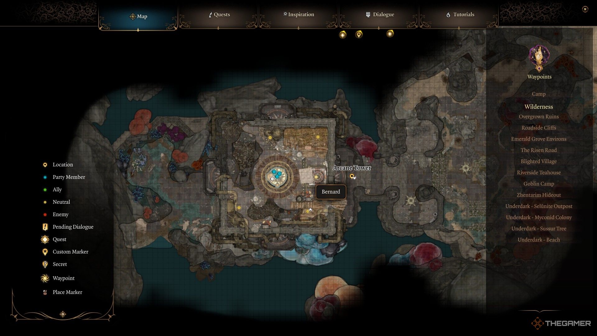 Ubicación de Bernard como se muestra en el mapa mundial de Baldur's Gate 3.