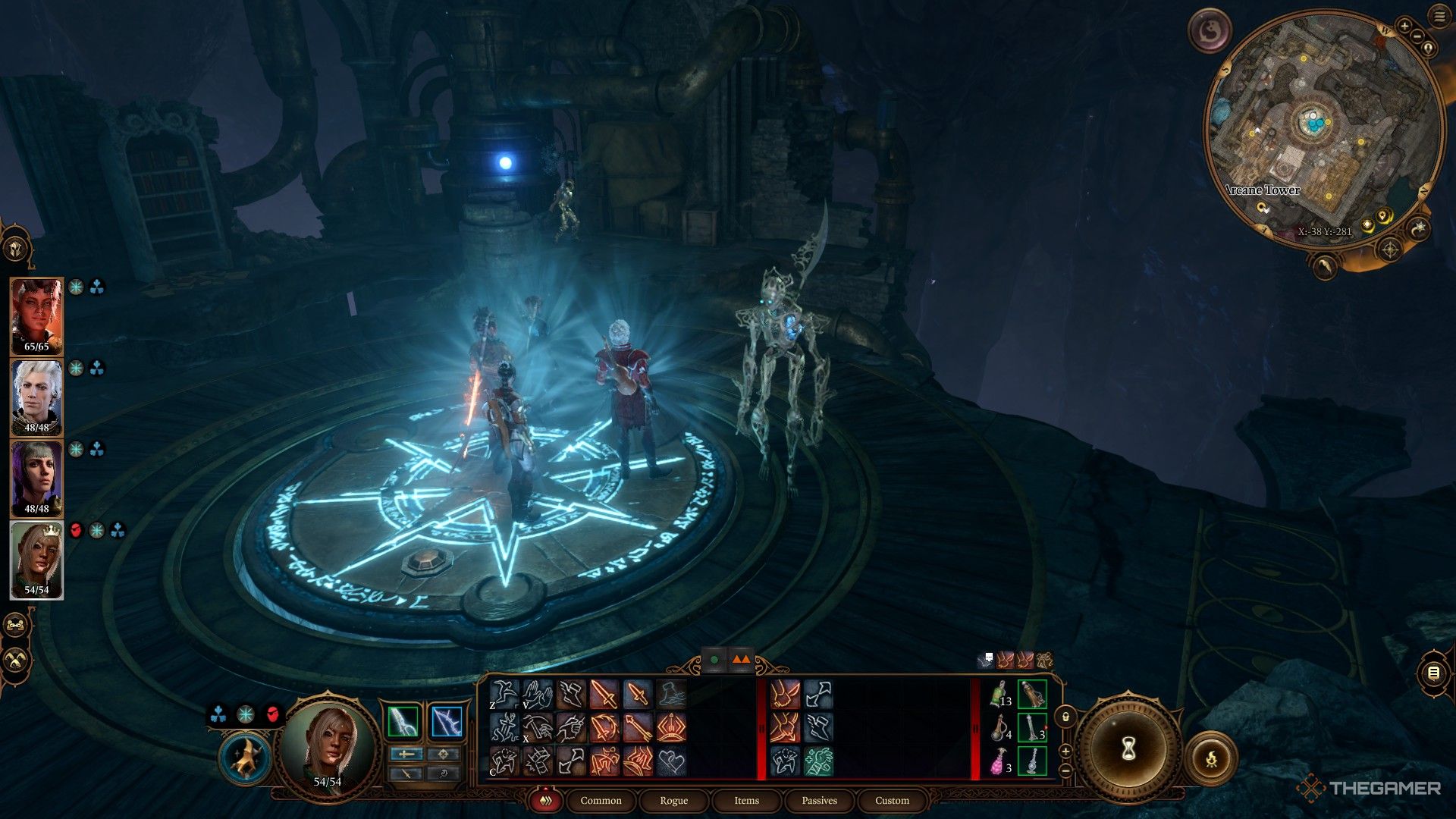 Tav y su grupo en una plataforma brillante de Bernard en Baldur's Gate 3.