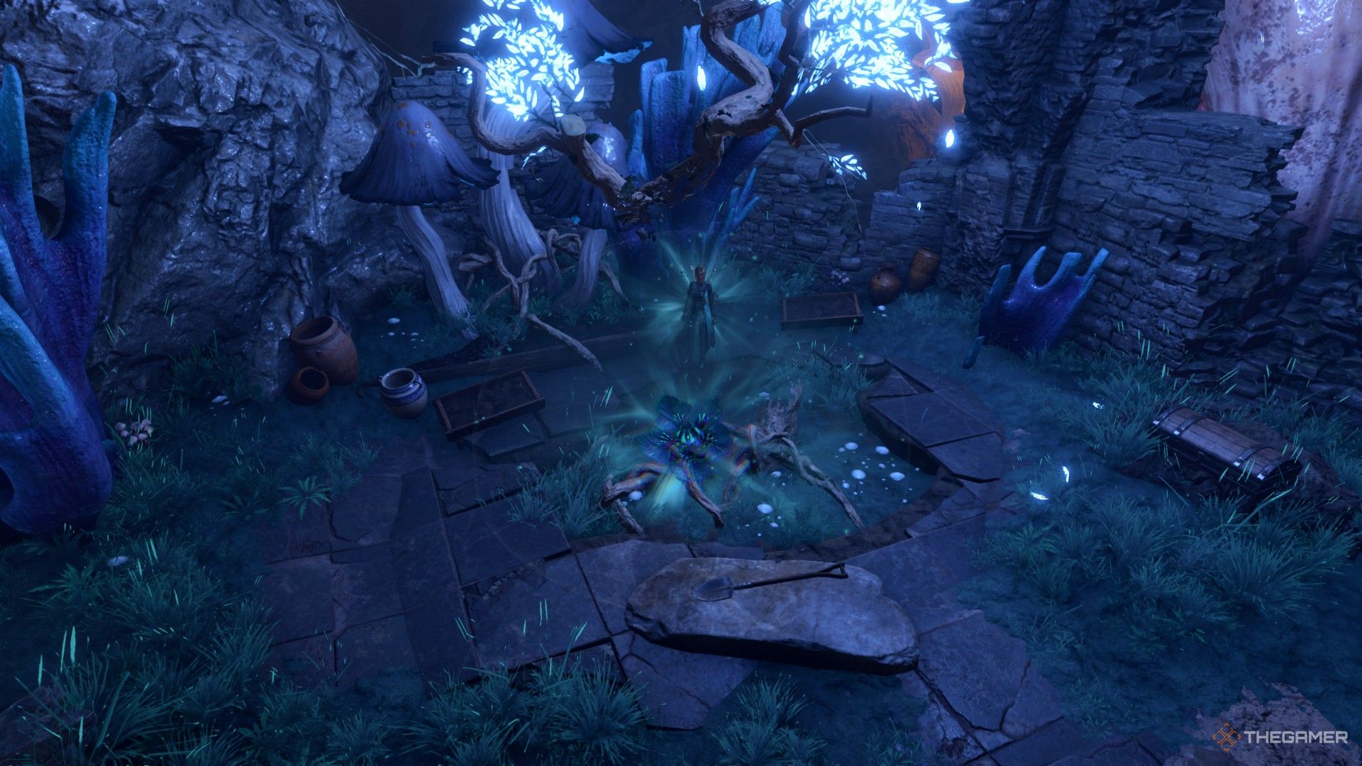 Tav parado junto a un árbol azul brillante en Baldur's Gate 3.