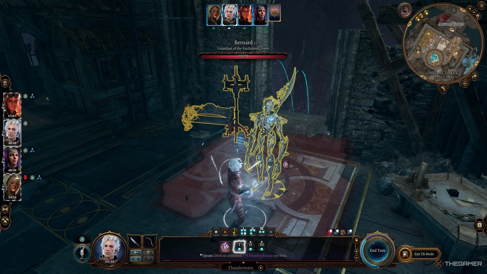 Astarion usa su violín para arrojar a Bernard por una ventana en Baldur's Gate 3.