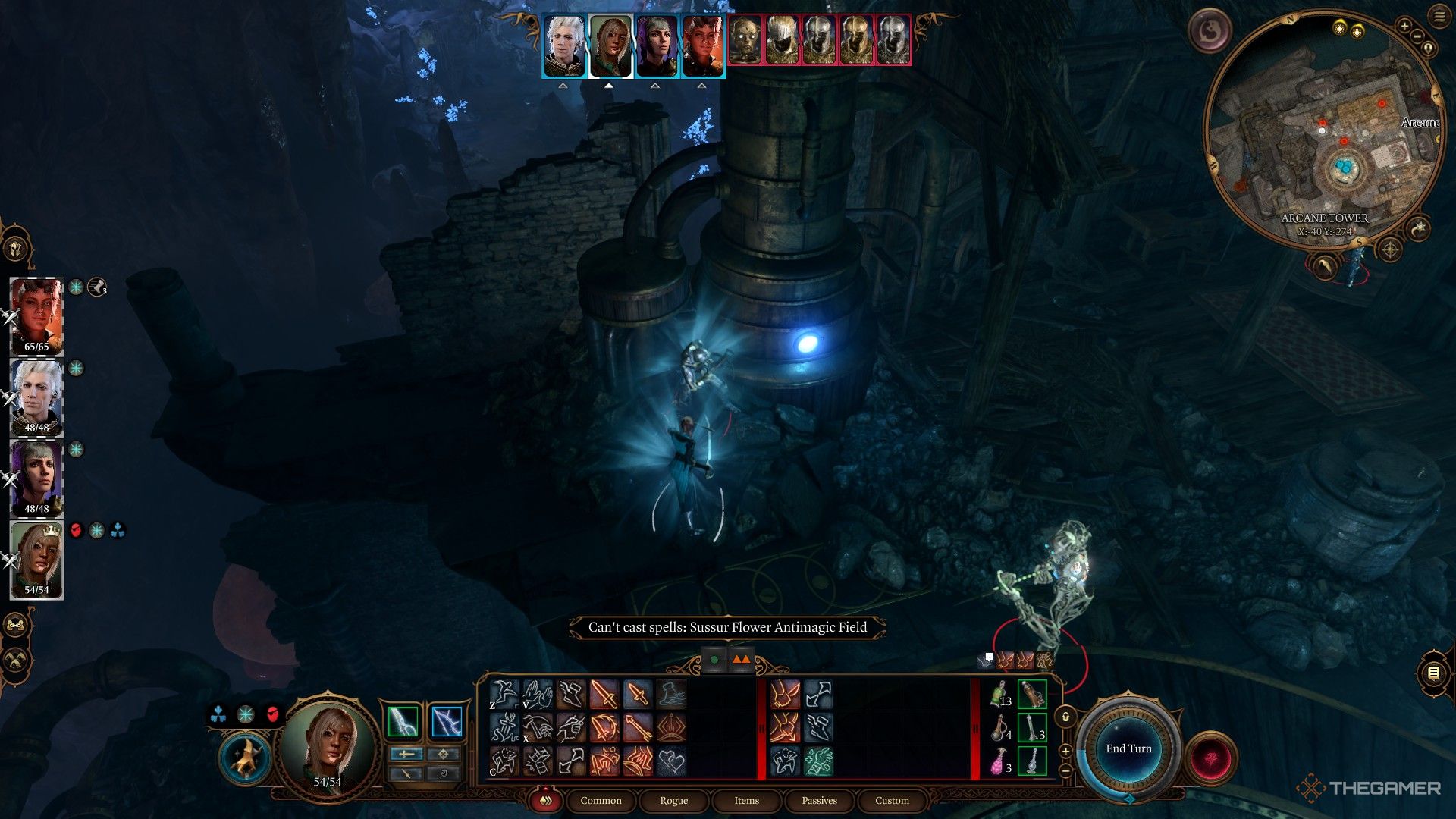 Tav y Animated Armor brillan en azul mientras luchan entre sí en Baldur's Gate 3.
