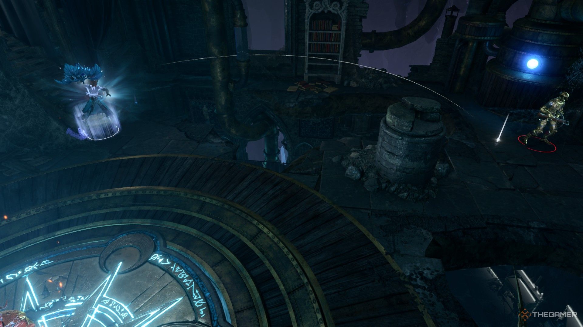 Tav sosteniendo una flor gigante en un templo decrépito en Baldur's Gate 3.