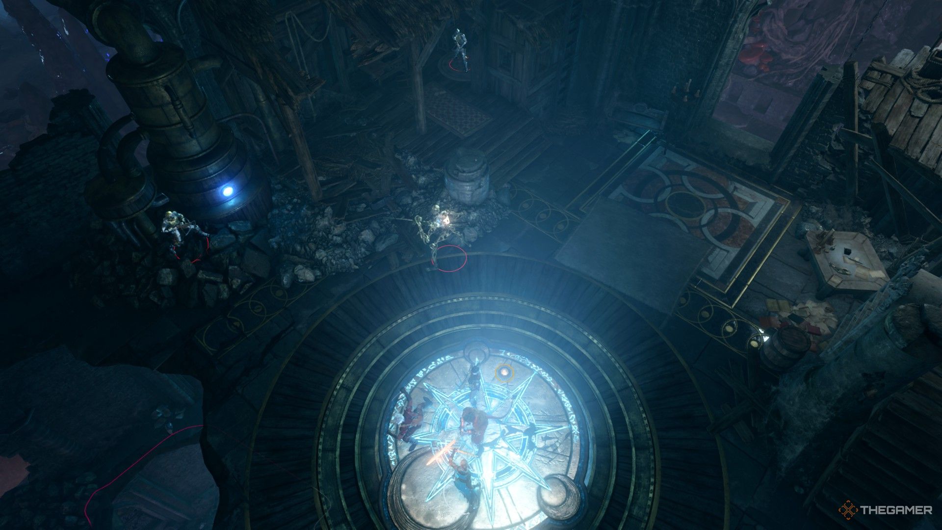Tav y grupo en un pedestal brillante mientras Bernard, el constructo, prepara un ataque en la distancia en Baldur's Gate 3.