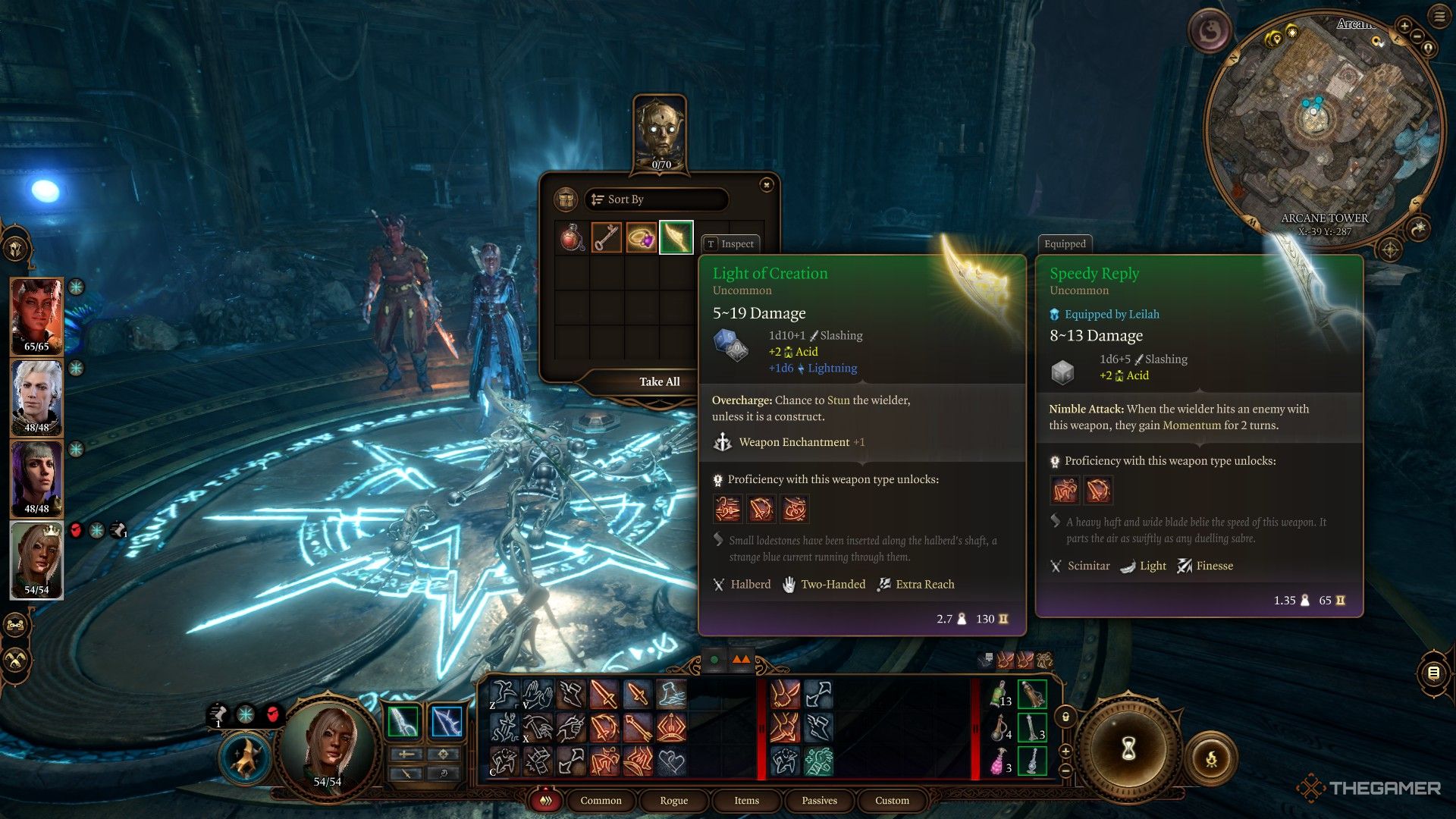 Tav saqueando el cuerpo de Bernard y mostrando las estadísticas del arma Luz de la Creación en Baldur's Gate 3.