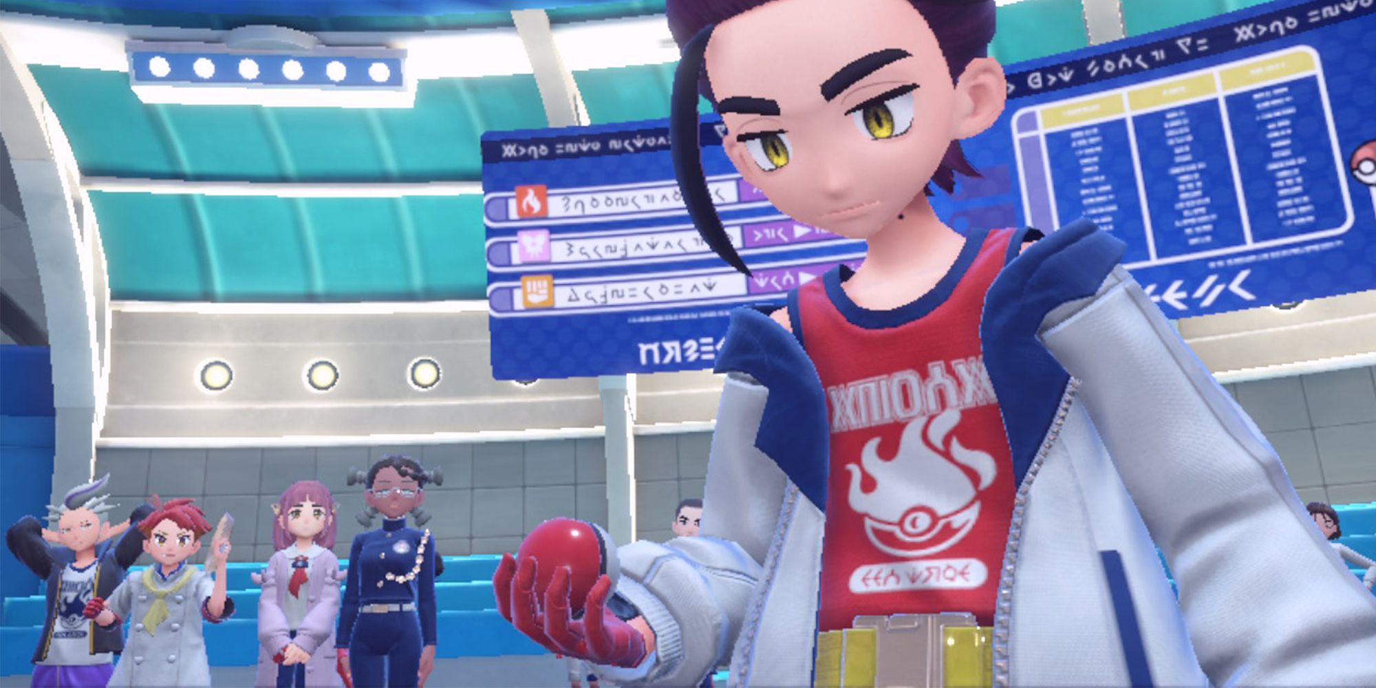 Kieran mirando Pokeball mientras BB League Elite Four lo observa prepararse para la batalla.