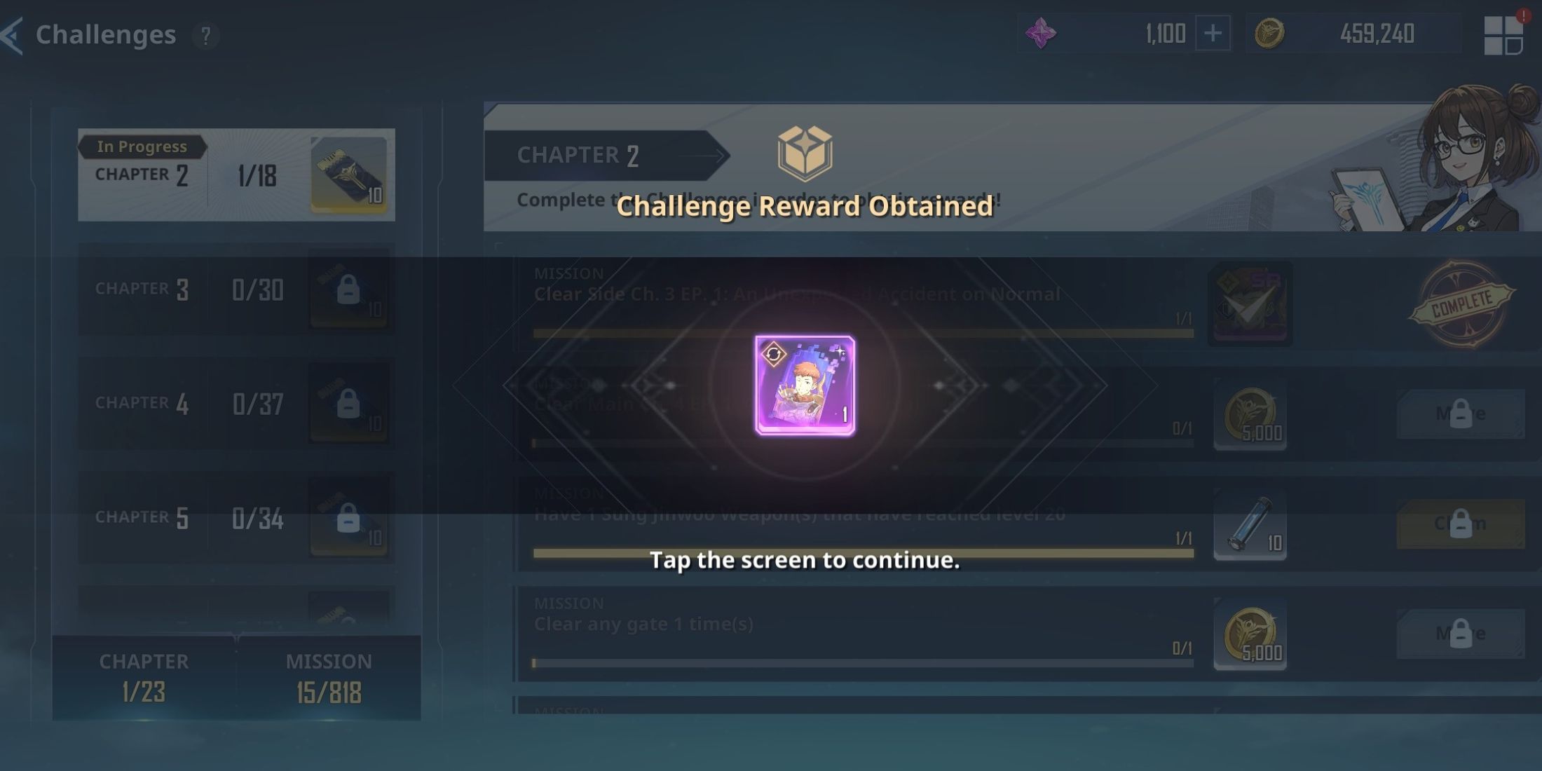 Reclamar una recompensa desde la interfaz de Desafíos en Solo Leveling: Arise.