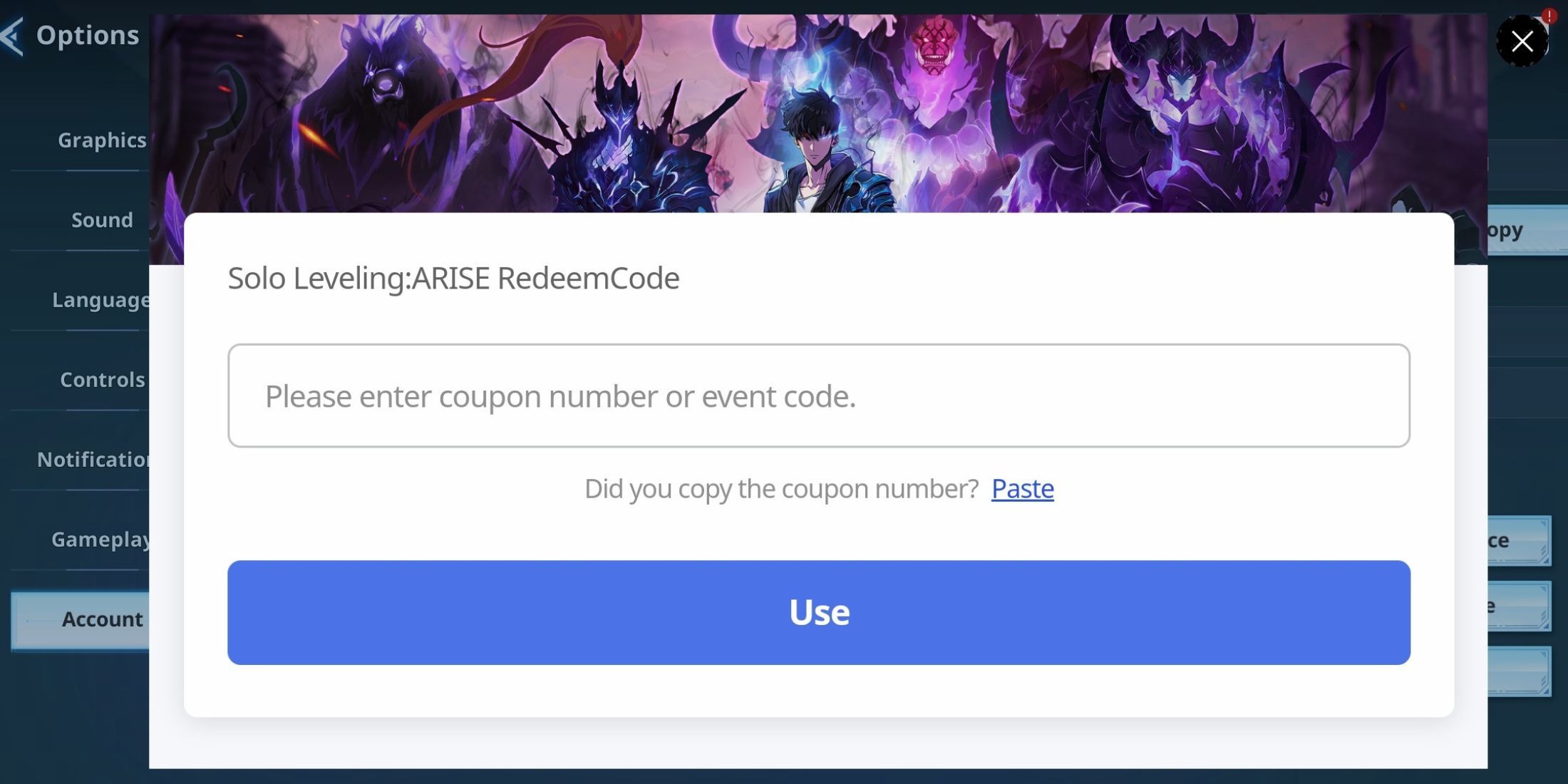 La interfaz para ingresar códigos de canje en Solo Leveling: Arise.