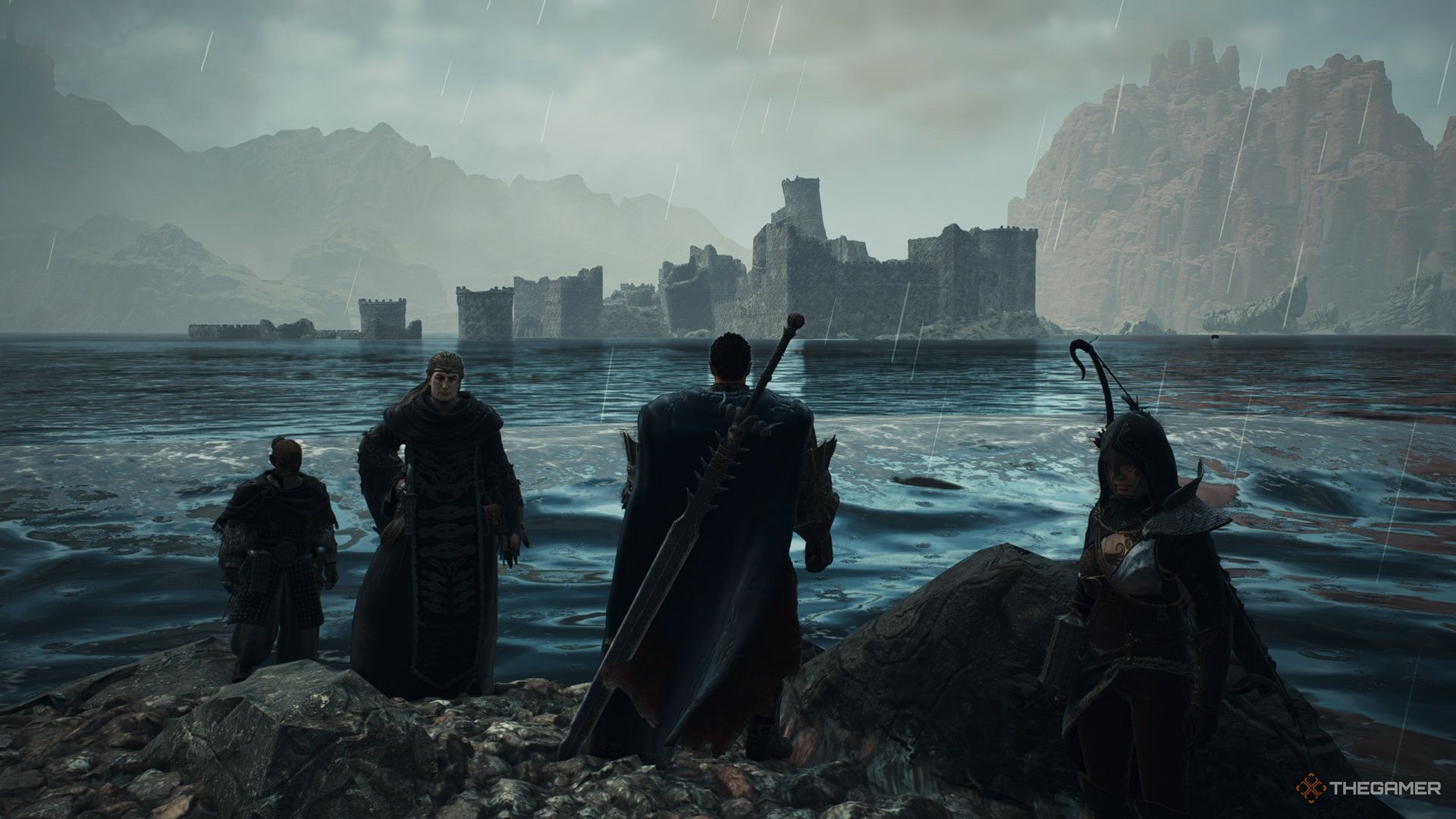 Los Resucitados y su grupo de peones mirando el Templo Hundido en Dragon's Dogma 2.