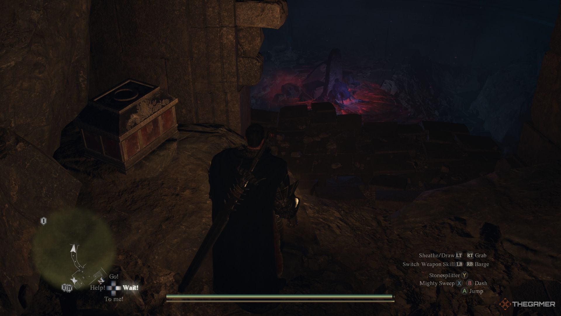 El Resucitado junto a un cofre y mirando una sombra violeta a lo lejos en Dragon's Dogma 2