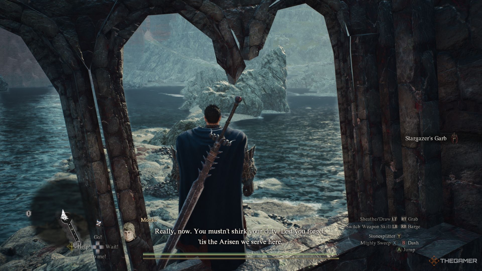 El Resucitado parado en una ventana y mirando la tierra a lo lejos en Dragon's Dogma 2