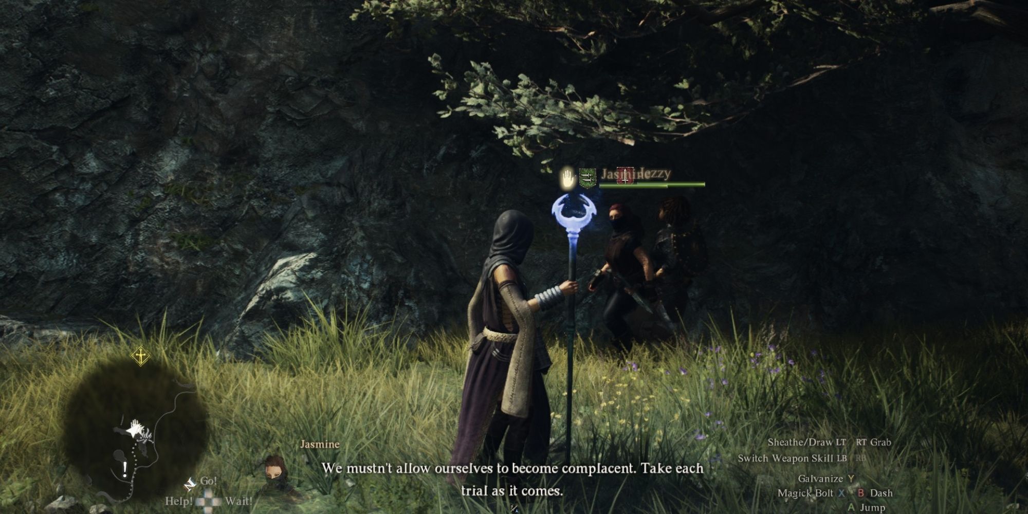 Hechicero de Dragon's Dogma 2 frente a dos peones
