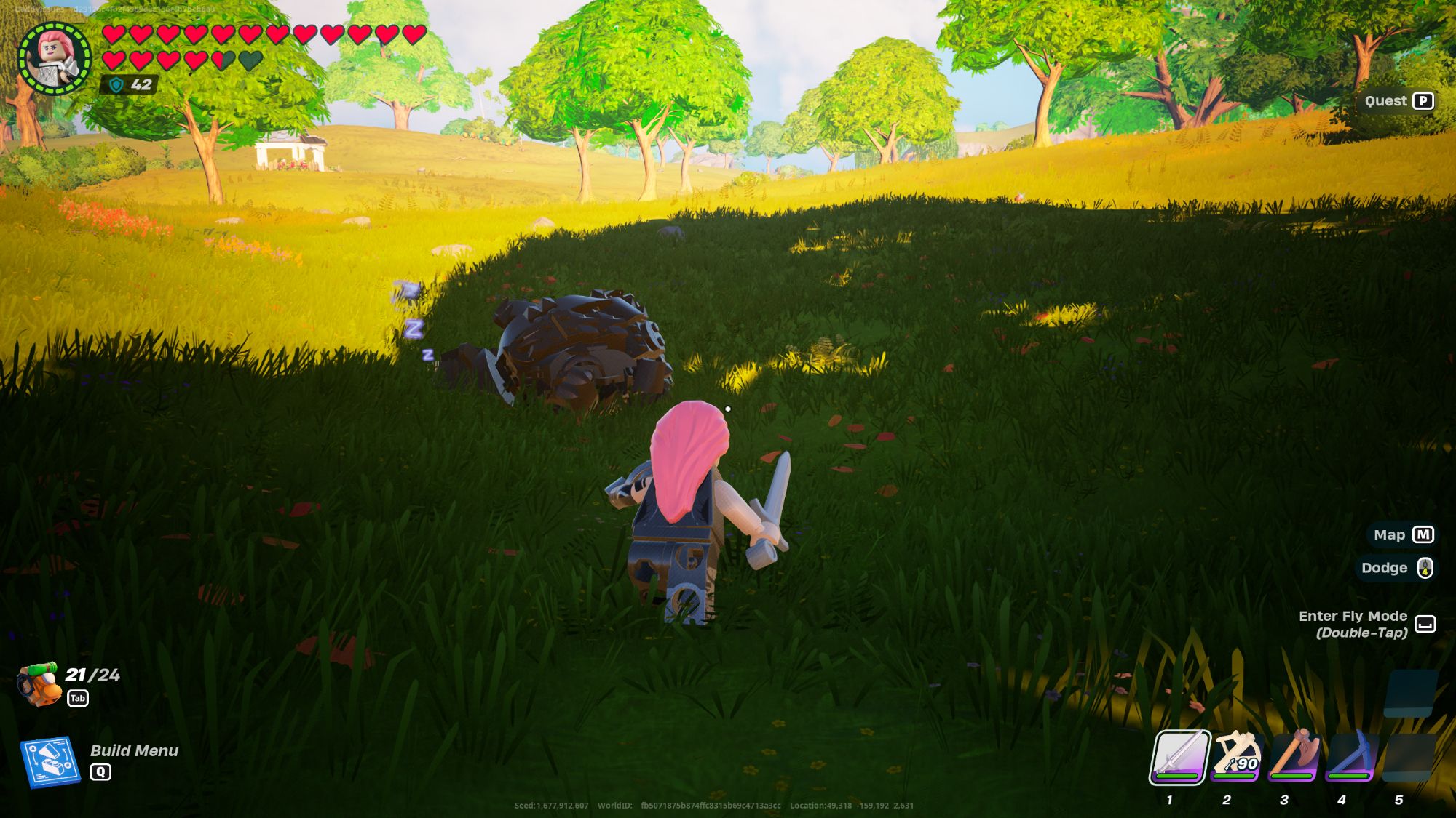 Una imagen de Lego Fortnite de un oso dormido, al que puedes pasar sigilosamente para evitar una pelea.