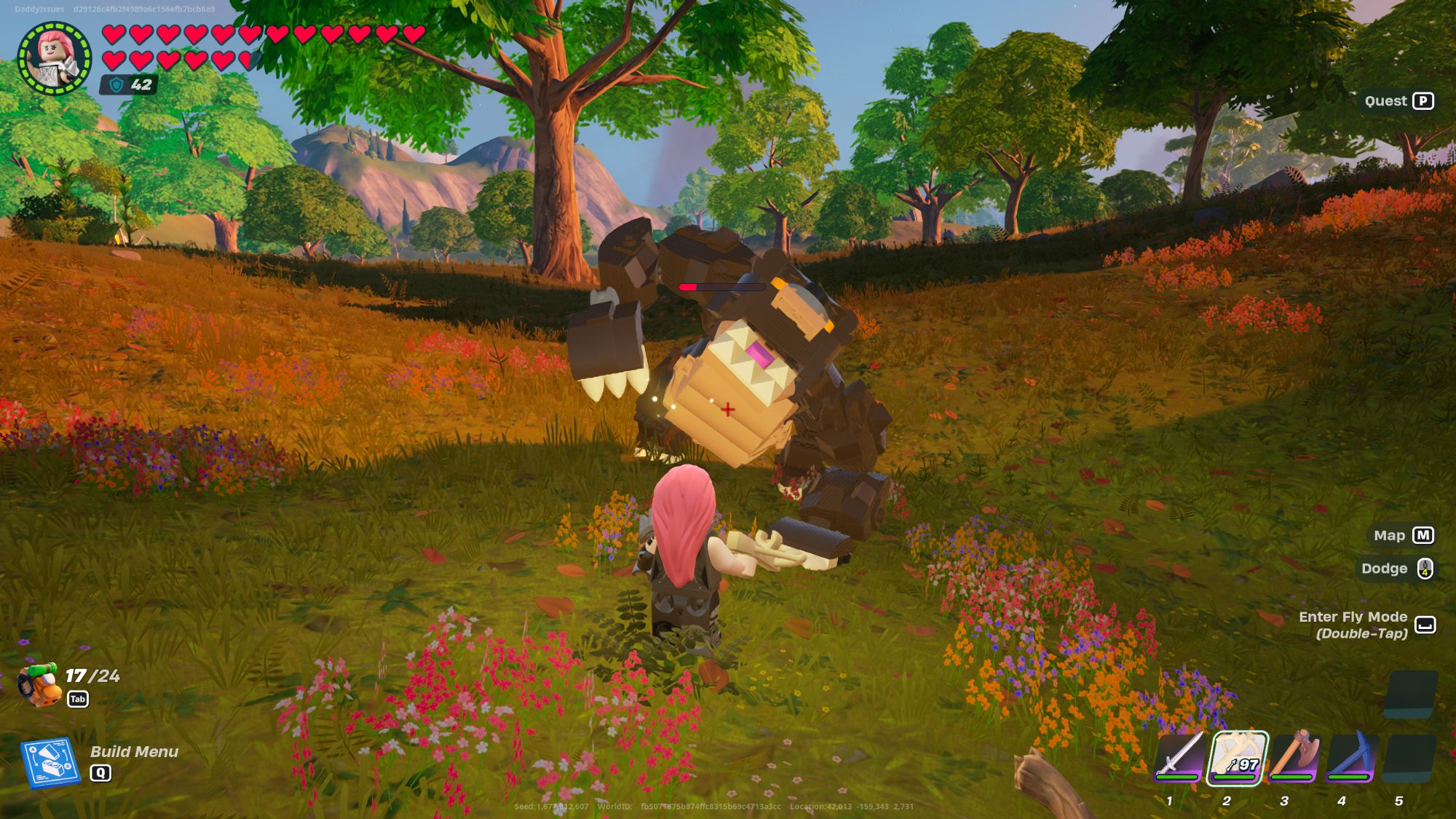 Una imagen de Lego Fortnite de un oso enojado que ataca al jugador con garras afiladas.