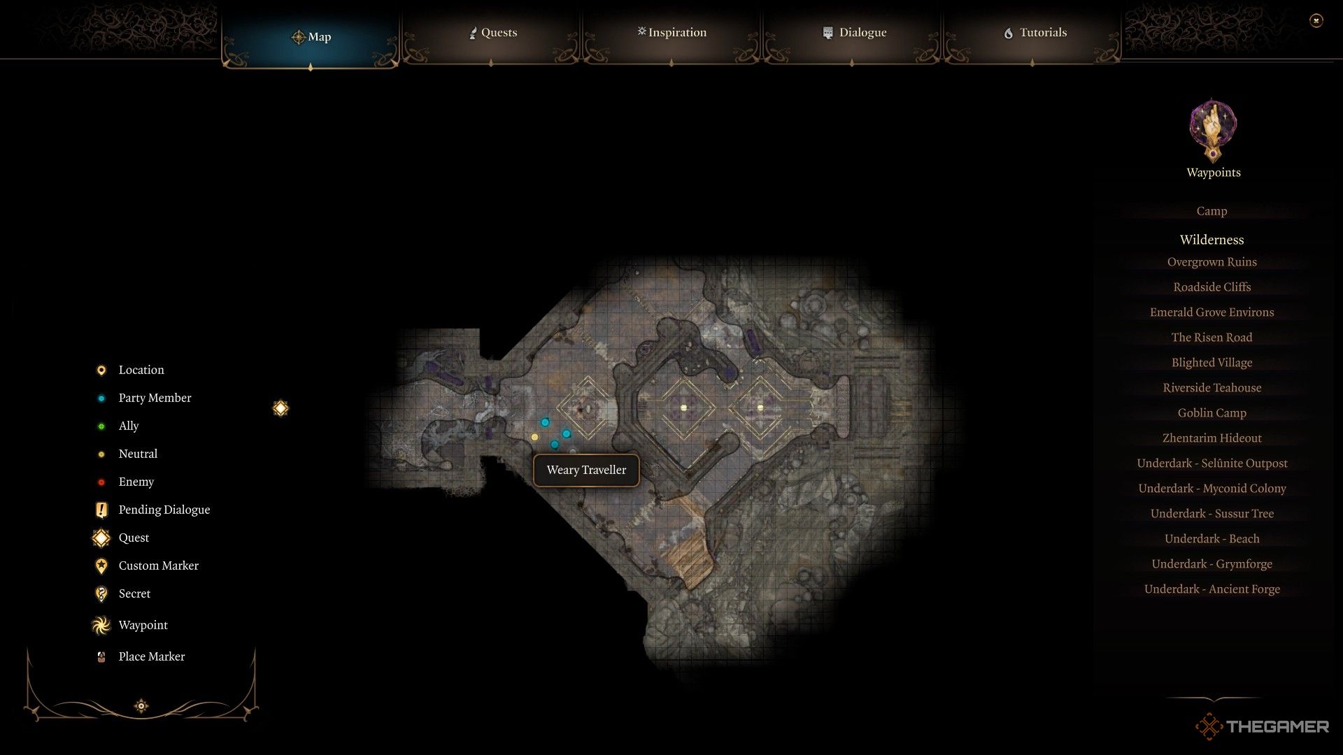 La ubicación del viajero cansado como se muestra en el mapa mundial de Baldur's Gate 3.