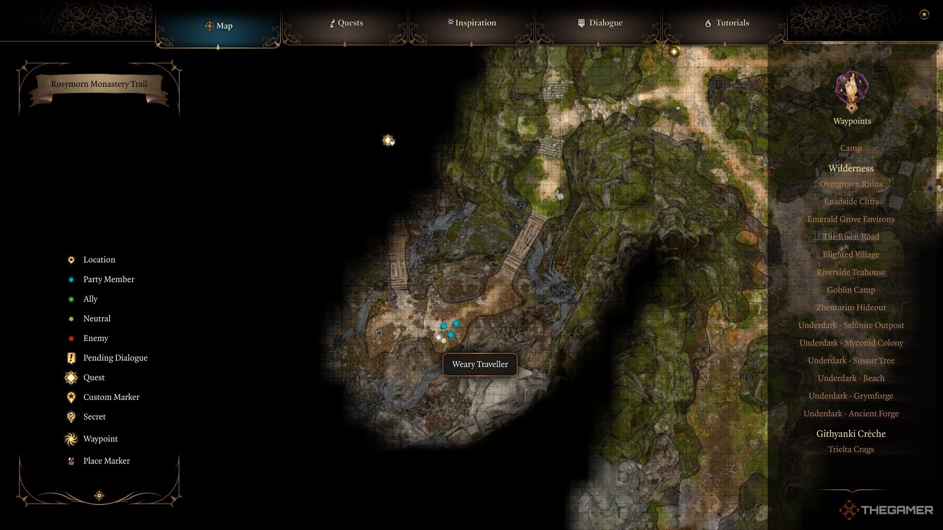 La ubicación del viajero cansado como se muestra en el mapa mundial de Baldur's Gate 3.