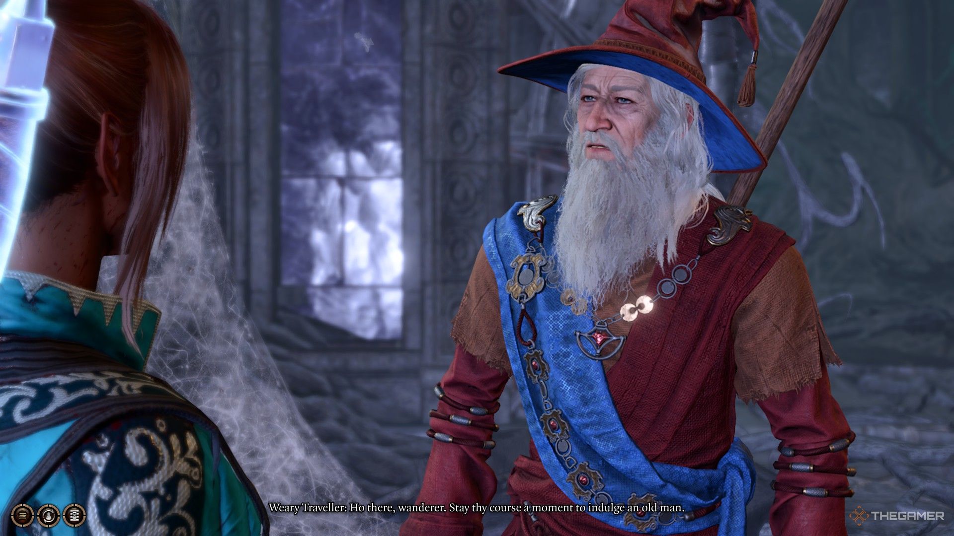 Un viejo mago con expresión dudosa en Baldur's Gate 3.