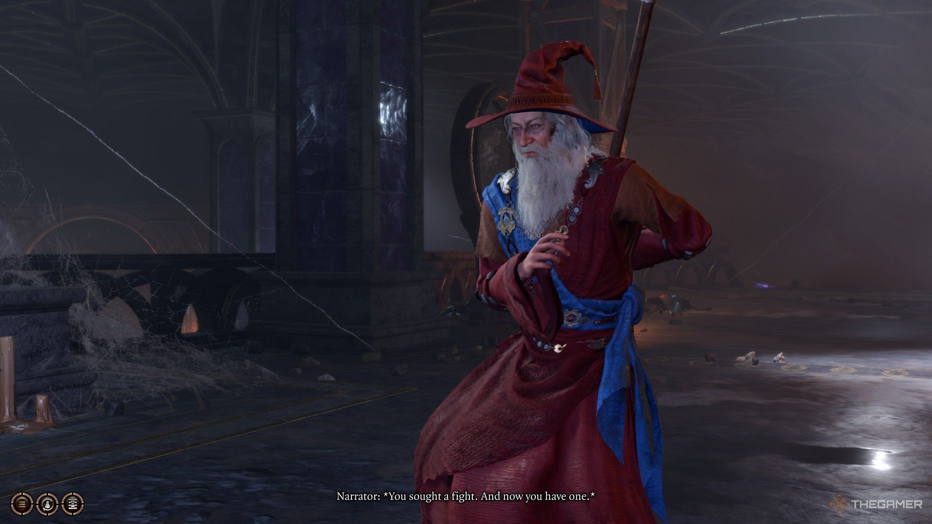 Un viejo mago con túnica roja sacando su bastón en Baldur's Gate 3.