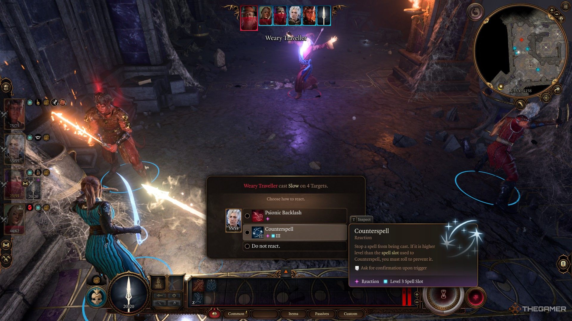 Elminster brilla mientras lanza un hechizo con una notificación de contrahechizo en la pantalla en Baldur's Gate 3.