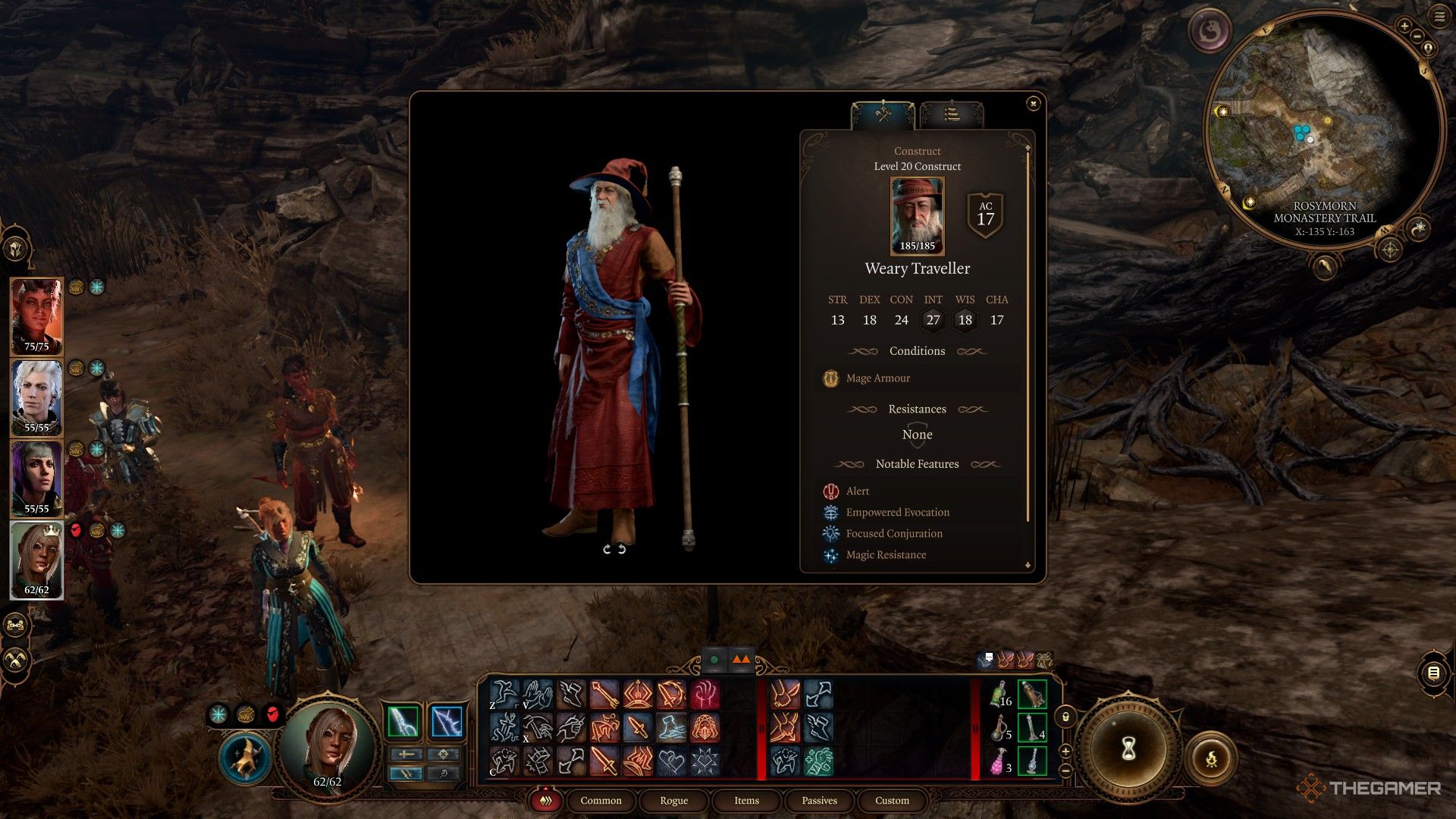 Estadísticas del personaje de Elminster como se muestran en Baldur's Gate 3.
