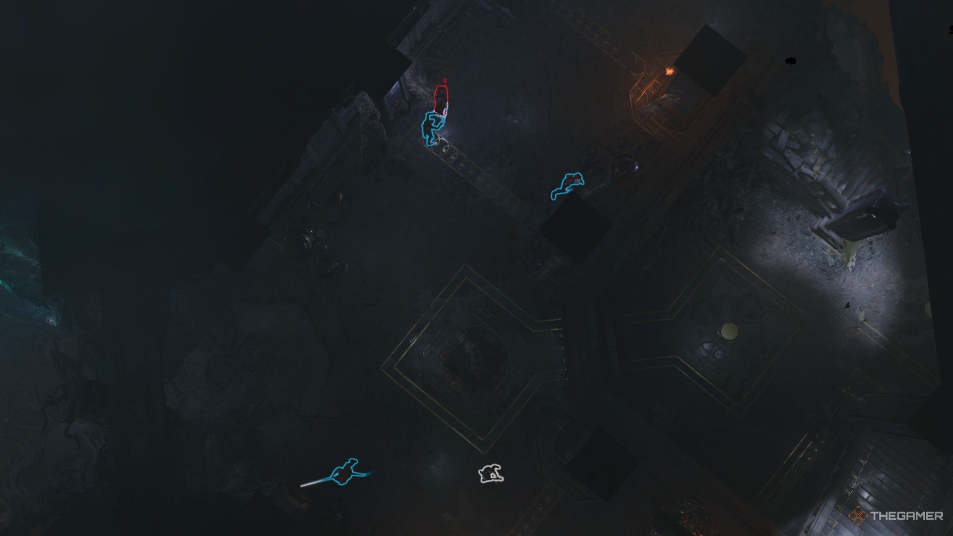 Tav y su grupo luchan contra Elminster en un cuarto oscuro con reflejos sobre sus personajes en Baldur's Gate 3.
