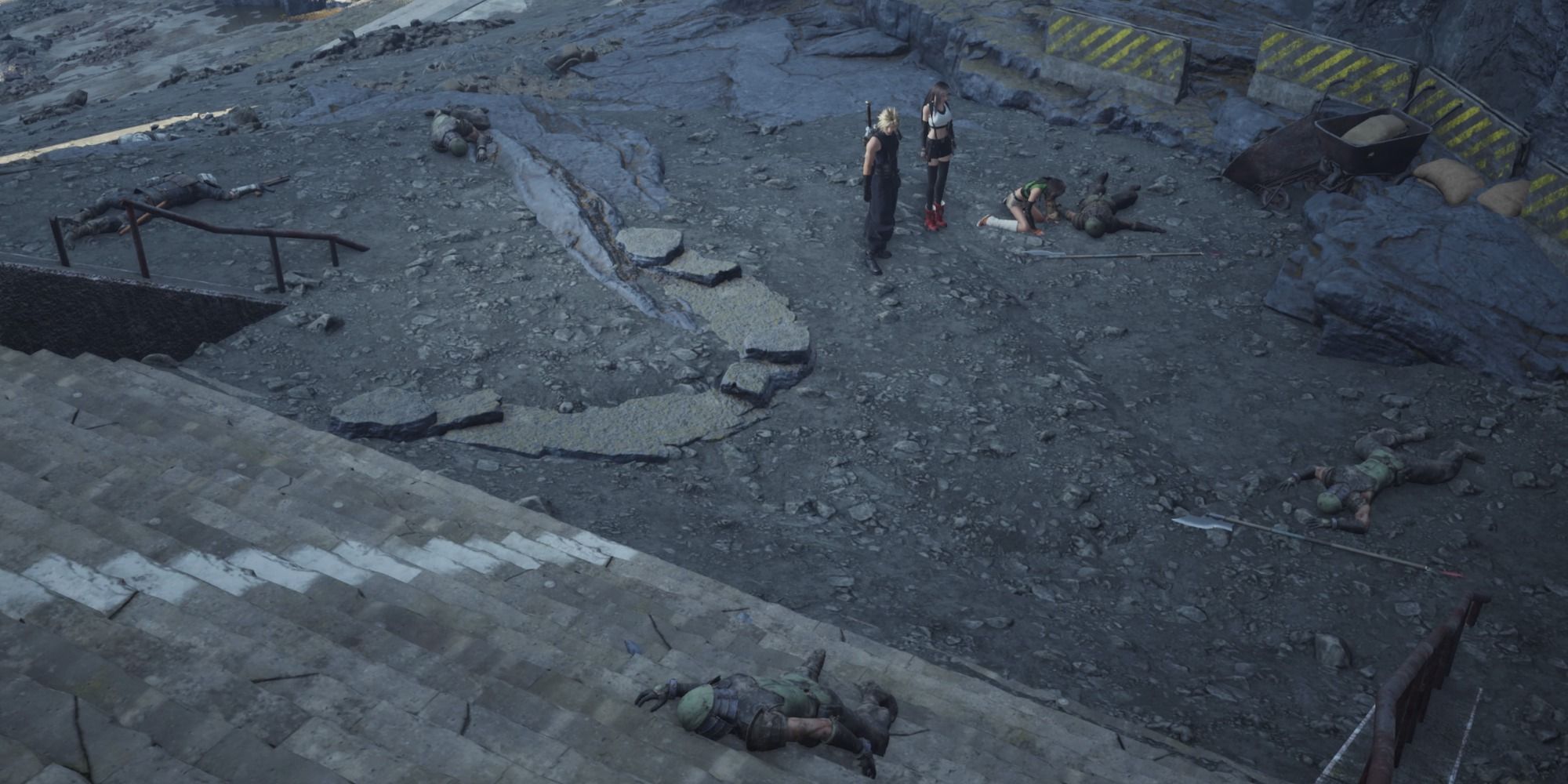 Yuffie, Cloud y Tifa rodeados de soldados Wutai muertos