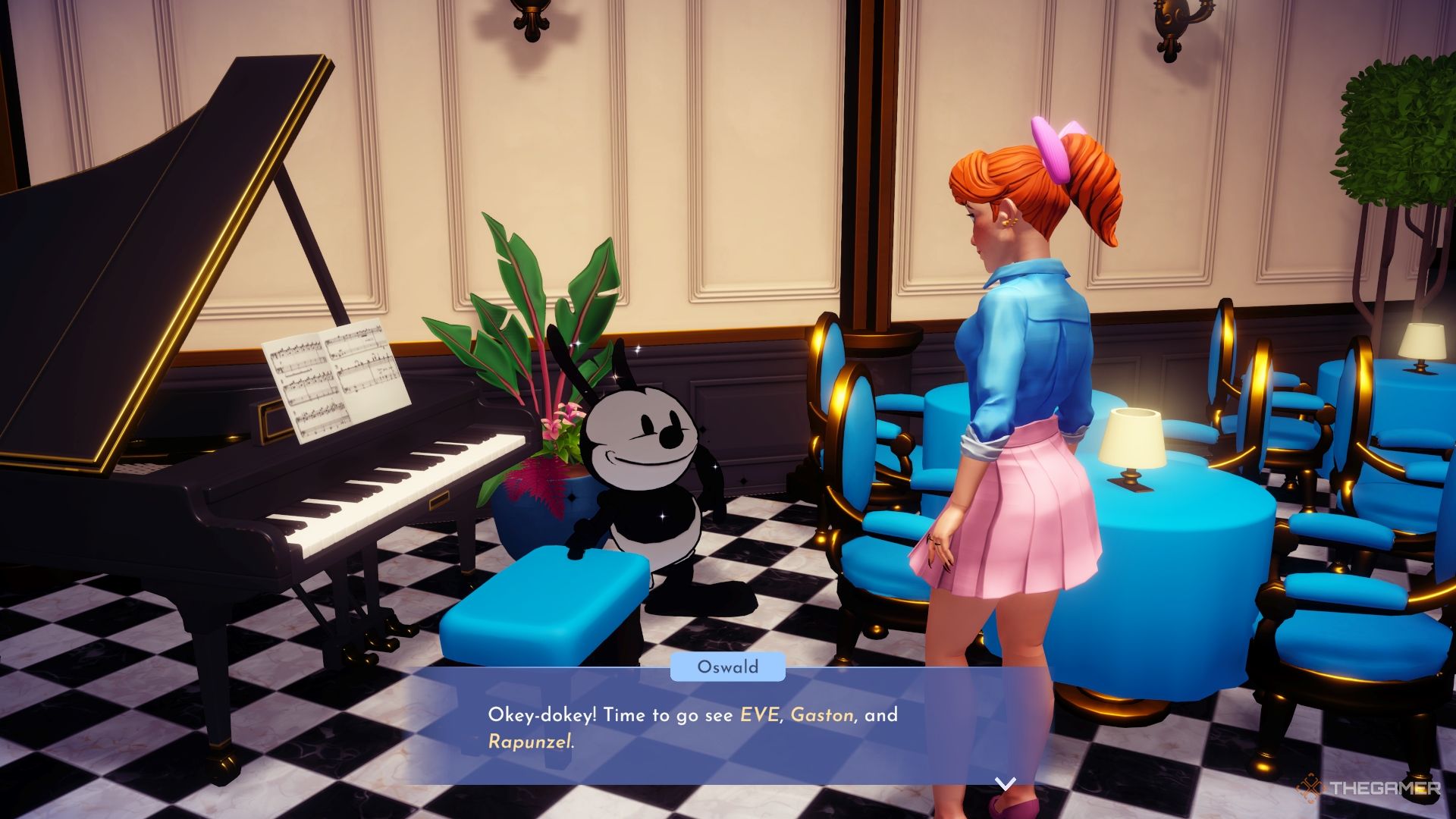 Disney Dreamlight Valley Oswald quiere planificar desafíos con EVE, Gaston y Rapunzel