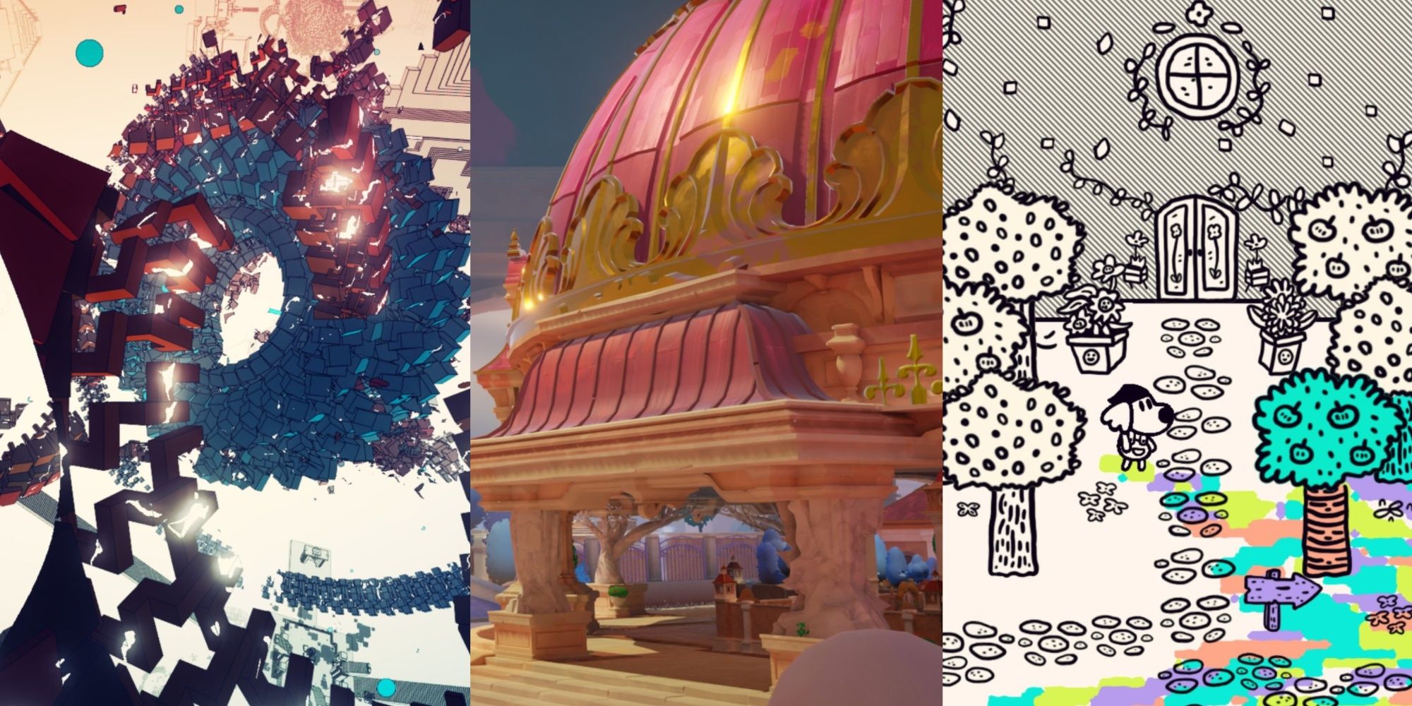 Collage de los mejores juegos de rompecabezas para PS4 y PS5, con Manifold Garden, Maquette y Chicory: A Colorful Tale-1