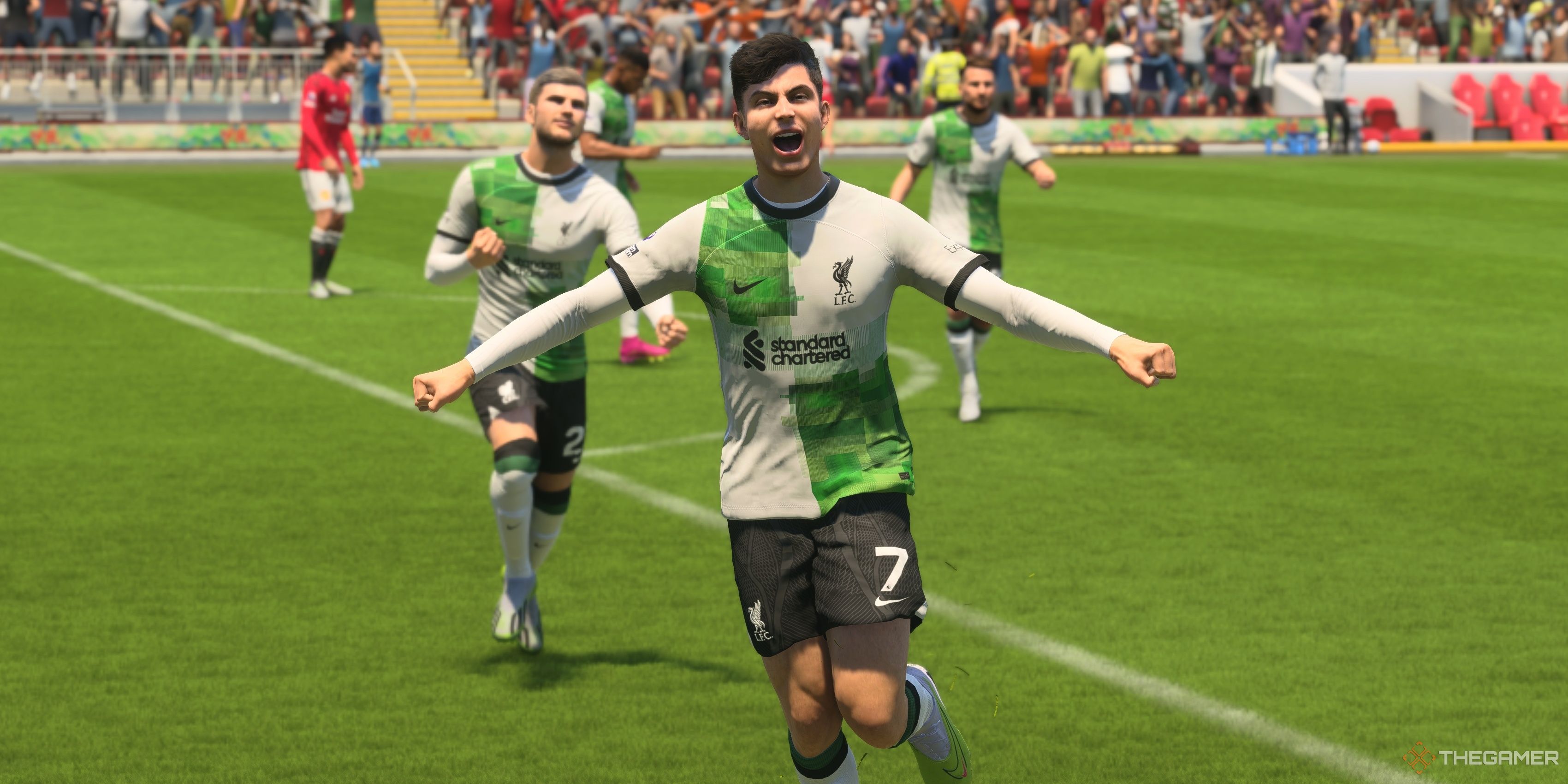 Timo Werner, Kai Havertz y Alexis Mac Allister celebran un gol durante TOTS en EA Sports FC 24.