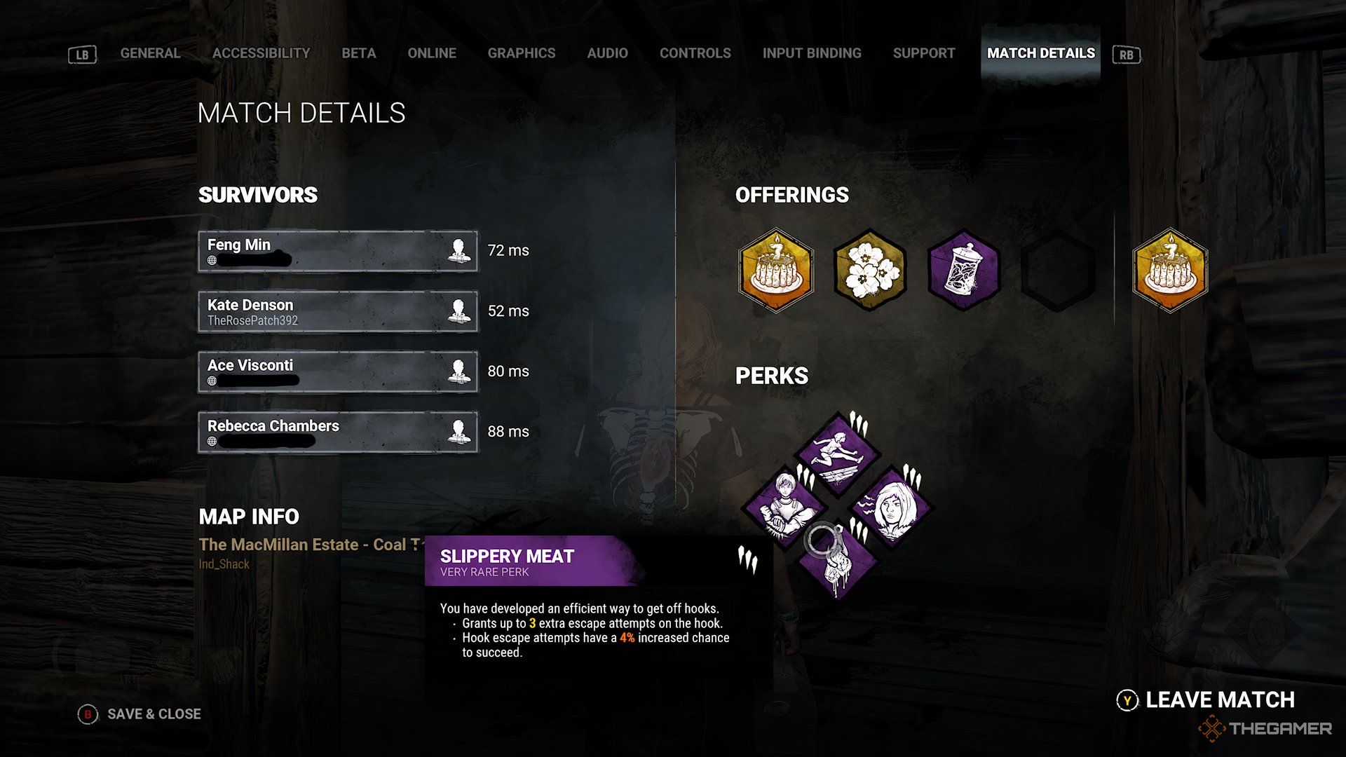 Detalles del partido, que muestran a los jugadores a la izquierda, las ofertas en la parte superior y, debajo de las ofertas, las ventajas de Dead By Daylight.