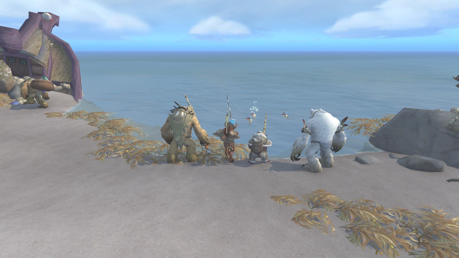 un druida tauren pescando en el mar, junto a dos furbolg y un colmillo en una isla en el tramo azul en World of Warcraft Dragonflight