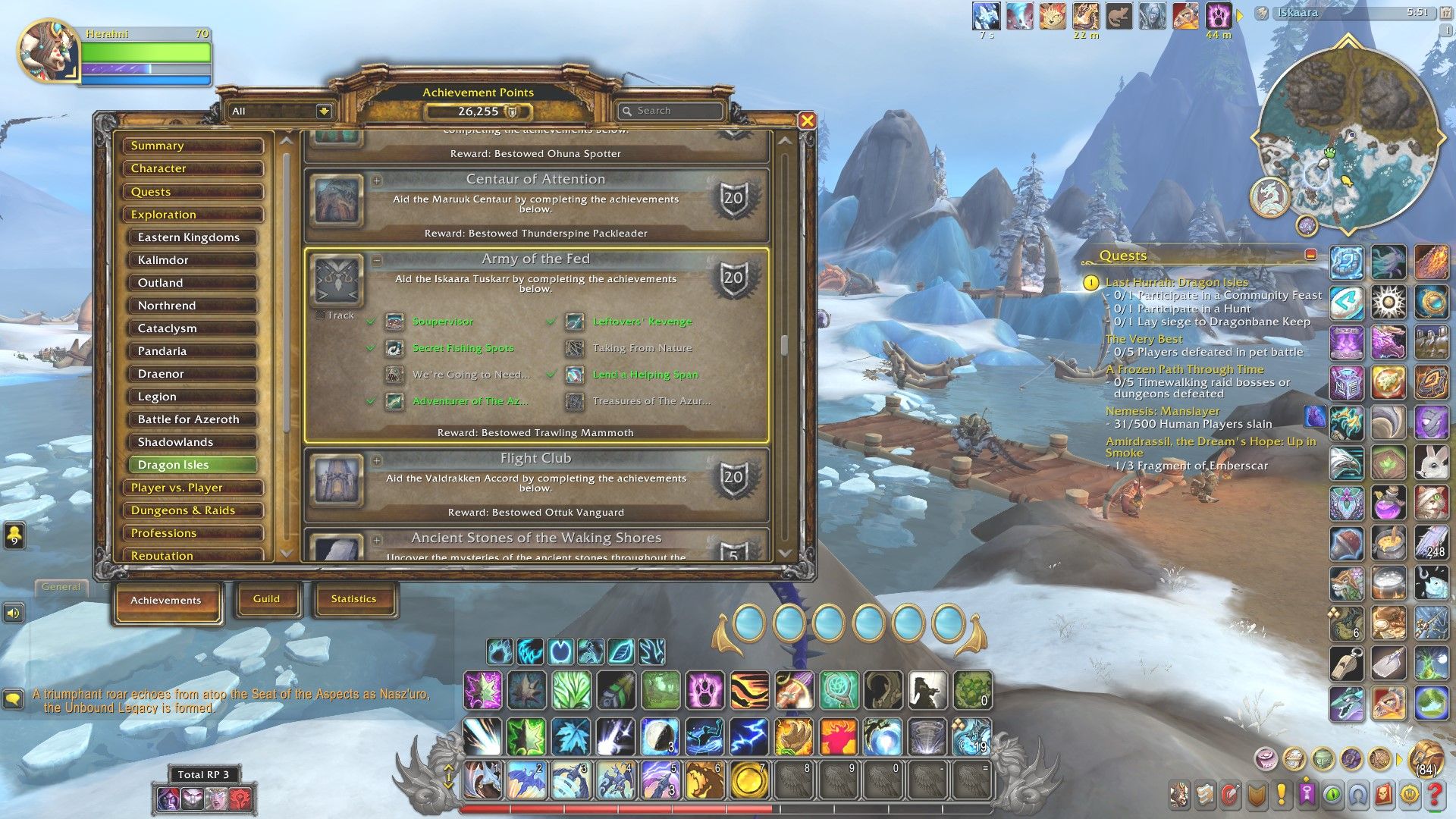 la interfaz de logros se abrió al logro del ejército de los alimentados, con la ciudad tuskarr de iskaara al fondo en World of Warcraft Dragonflight