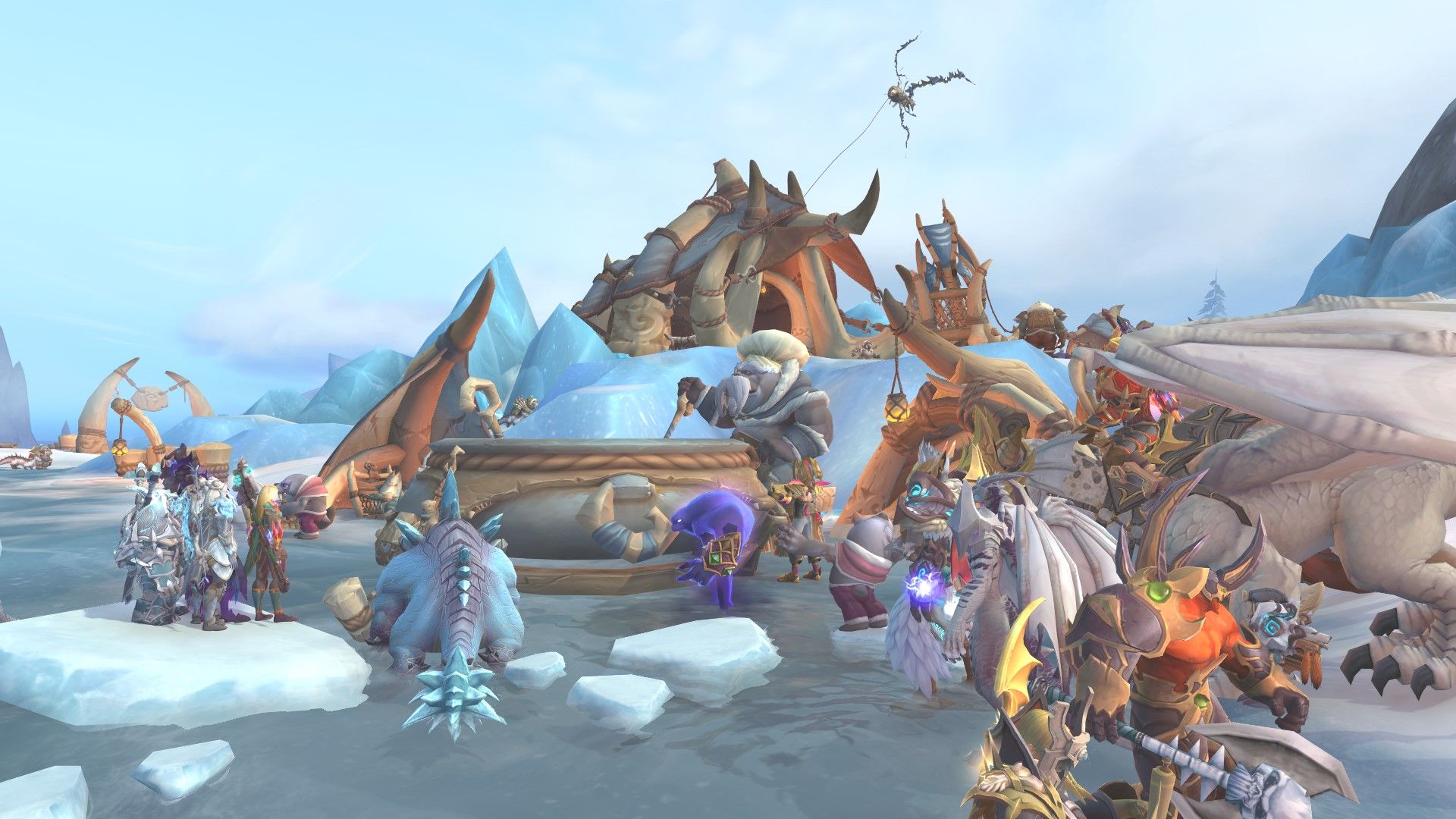 el chef tuskarr big kinook en su olla de sopa en iskaara, rodeado de entusiastas aventureros en World of Warcraft Dragonflight