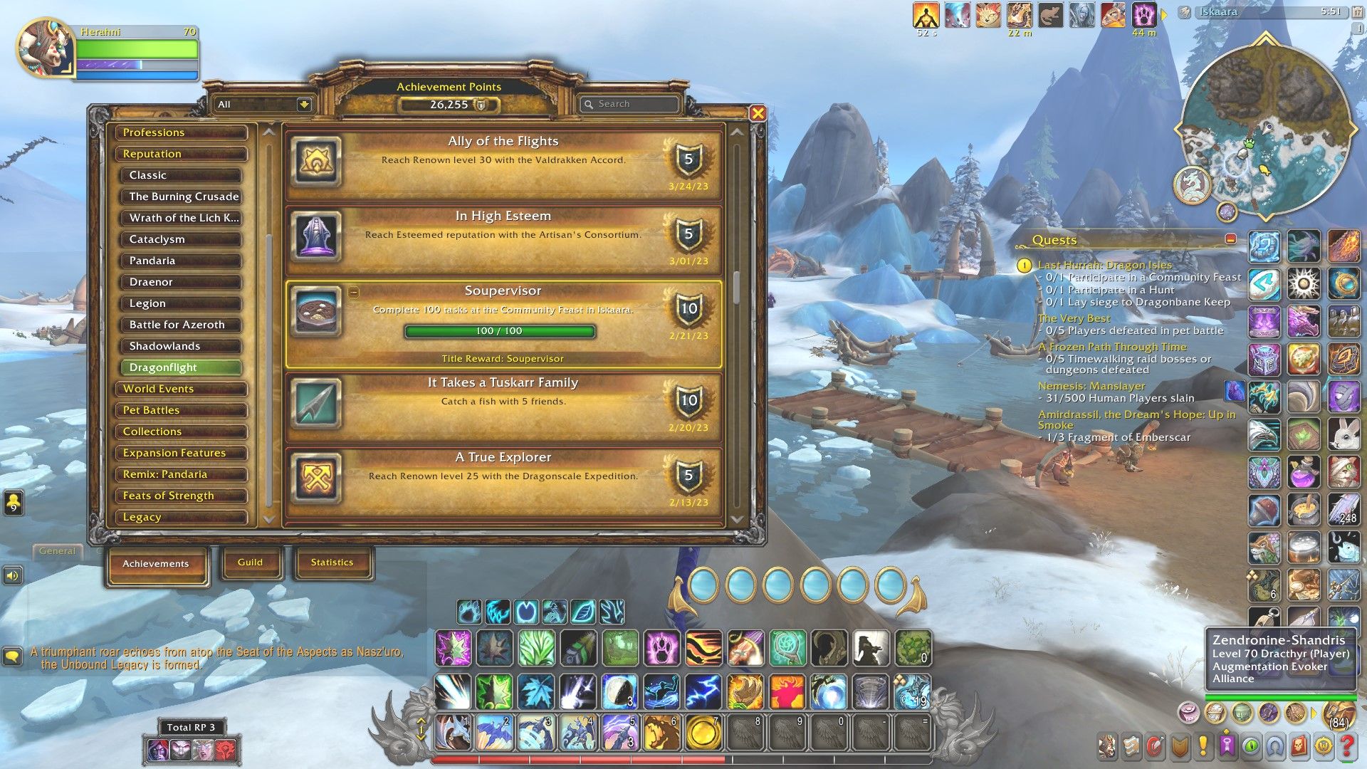 el logro del sopapervisor en la interfaz de logros, con la ciudad tuskarr de iskaara al fondo en World of Warcraft Dragonflight