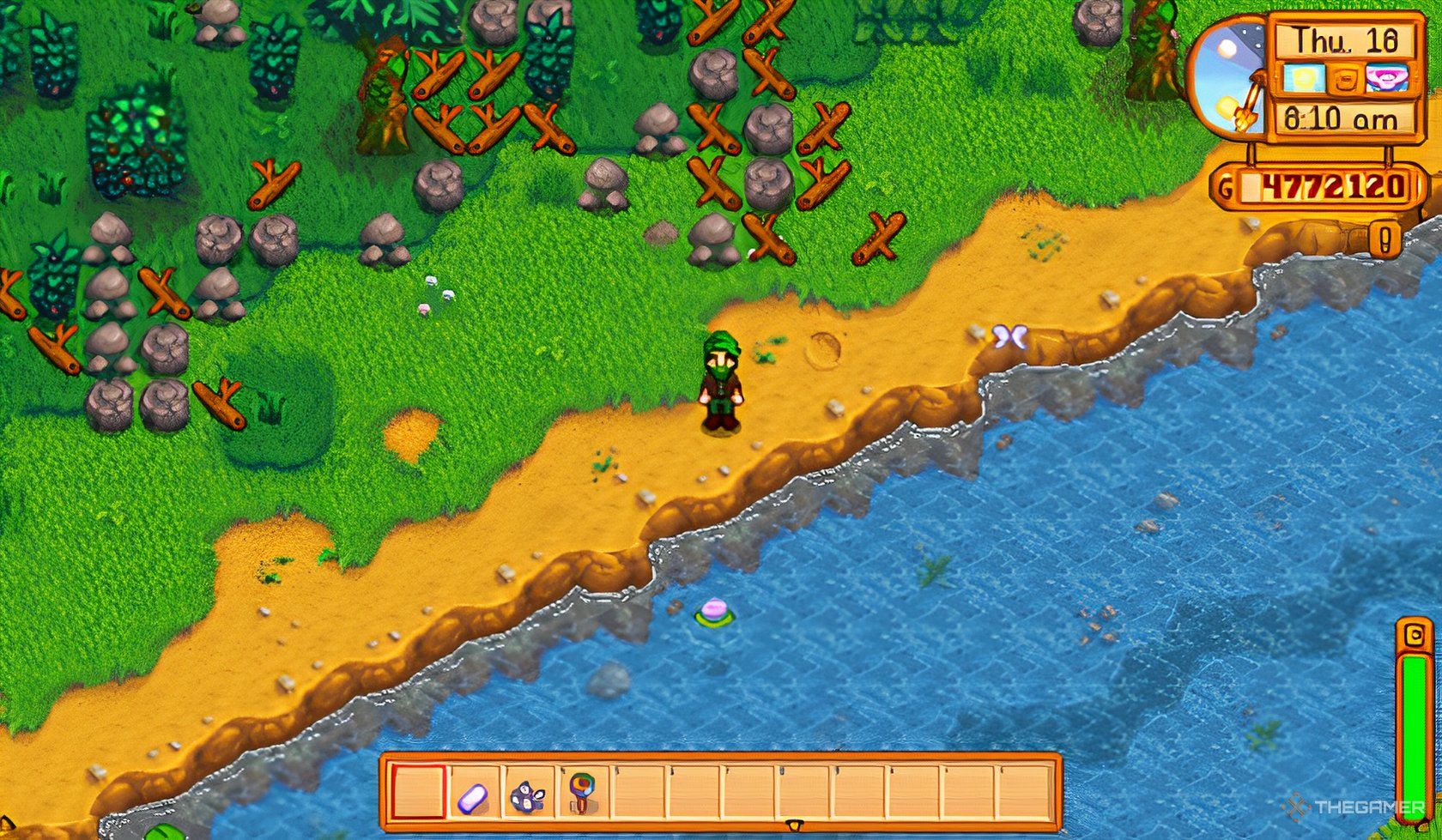 Un personaje de Stardew Valley parado cerca de un río con gel mágico para el cabello aplicado.