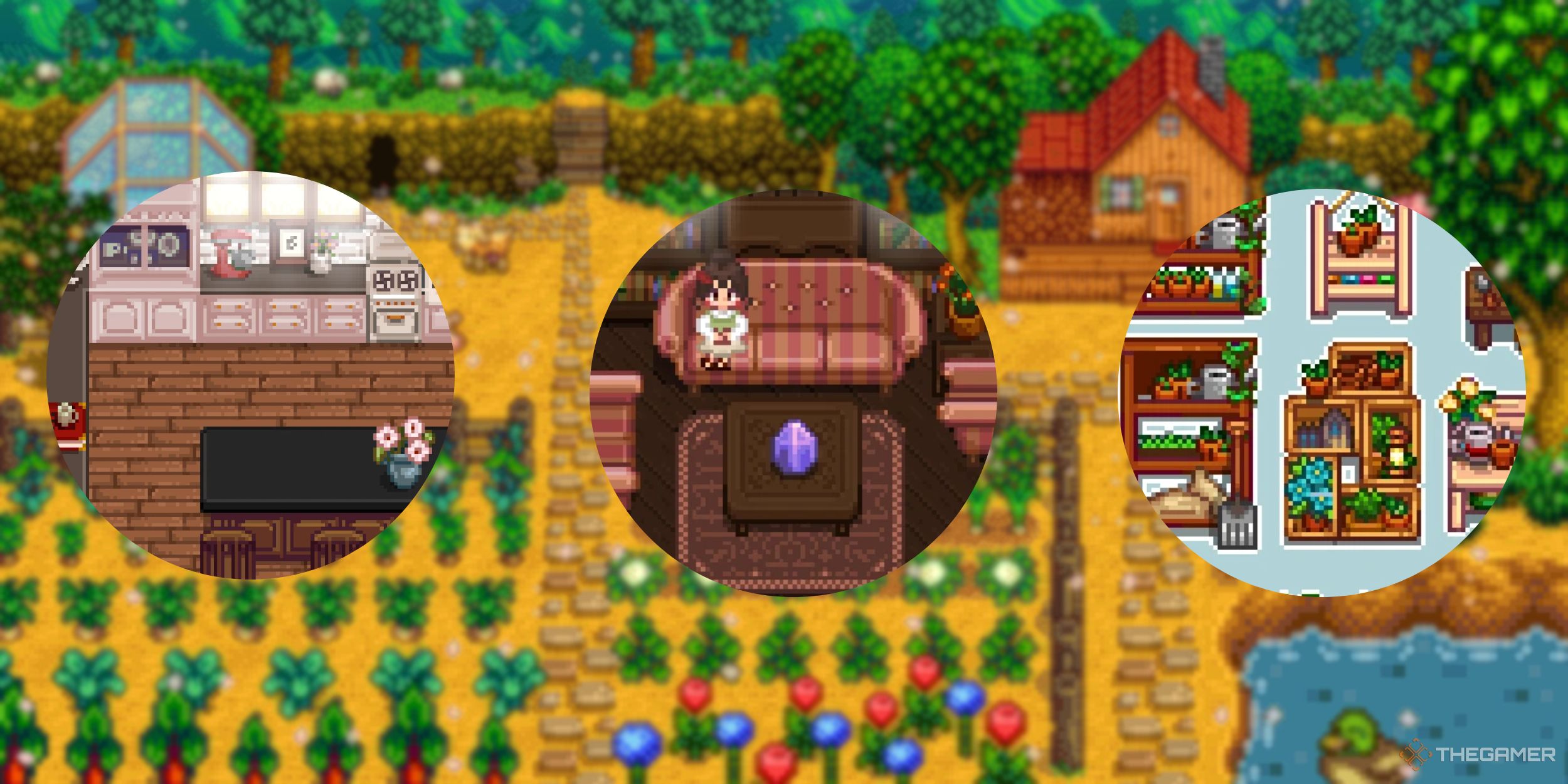 Una imagen de Stardew Valley que muestra tres de las mejores modificaciones de muebles.  Esto incluye muebles de cocina y de invernadero, así como un cambio de color para muchos de los muebles incluidos en el juego base. 